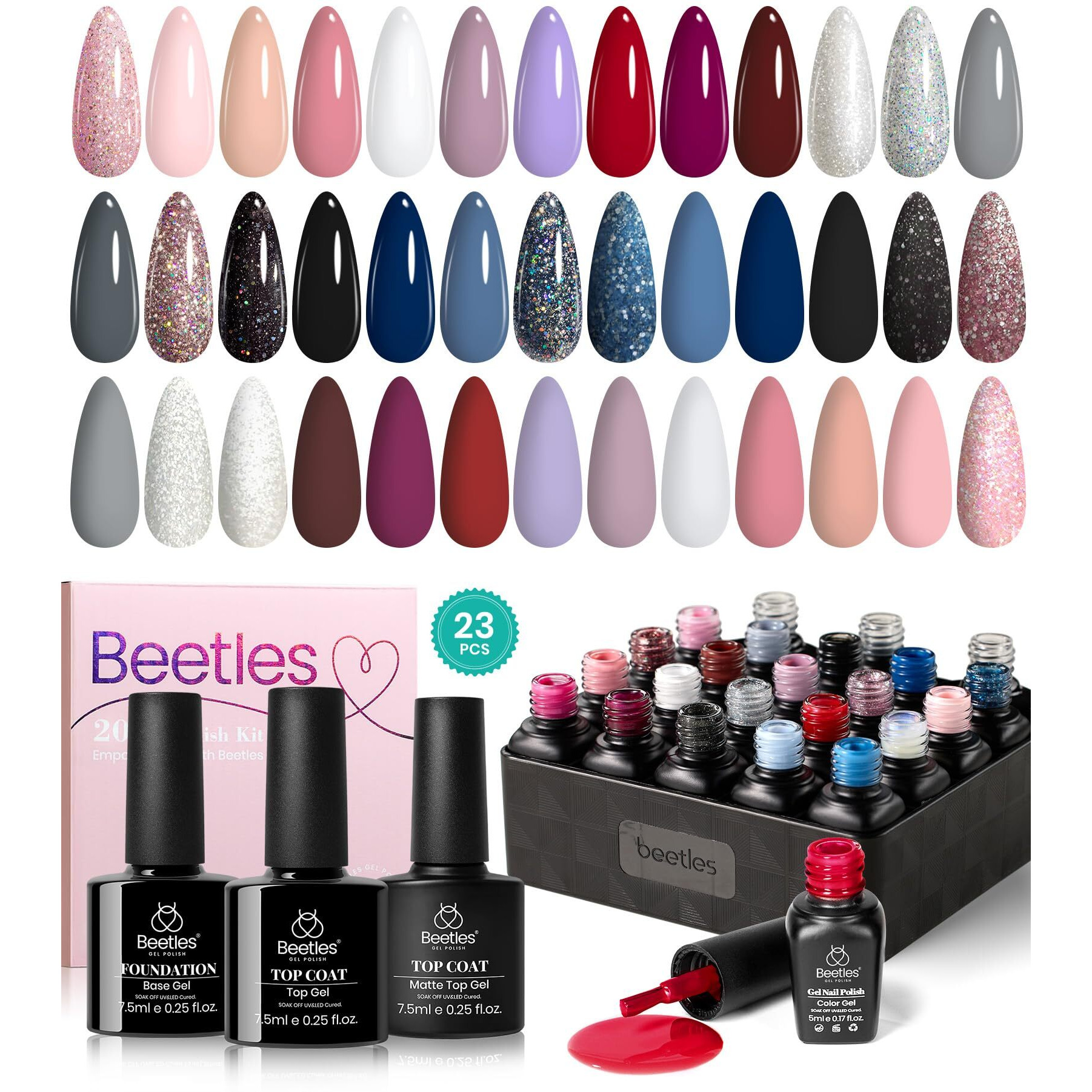 Beetles 23Pcs Gel Nail Polish Set With 3Pcs Base Matte And Glossy Top Coat,Nude Gray Pink Blue Burgundy Glitter Gel Polish Kit Modern Muse Collection, Soak Off Uv Gel For Girls Women