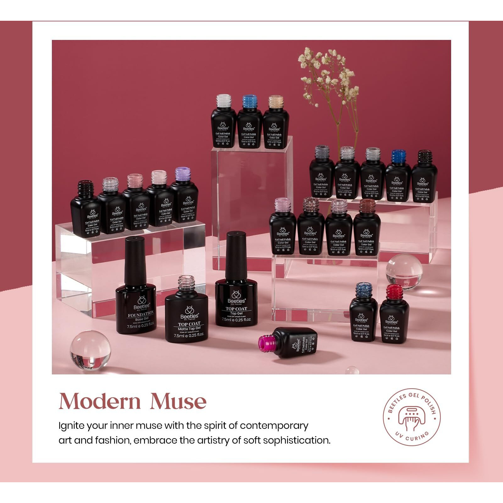 Beetles 23Pcs Gel Nail Polish Set With 3Pcs Base Matte And Glossy Top Coat,Nude Gray Pink Blue Burgundy Glitter Gel Polish Kit Modern Muse Collection, Soak Off Uv Gel For Girls Women