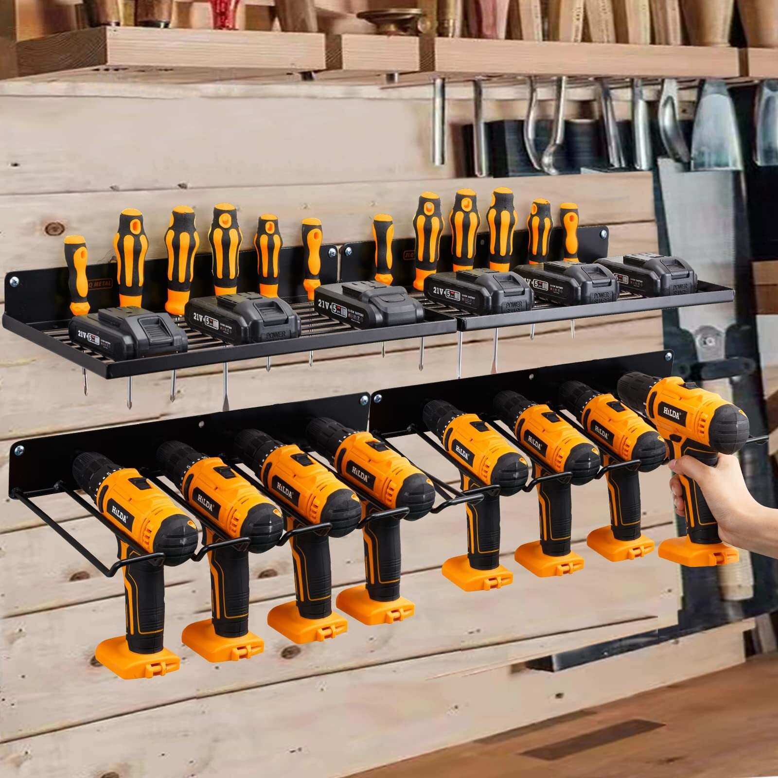 Uu-Major Power Tool Organizer With Charging Station,Drill Holder Wall Mount,Garage Storage Shelves For Organization,Heavy Duty Pegboard Wall Organizer Set Solid Metal Black 2 Pack 4 Set