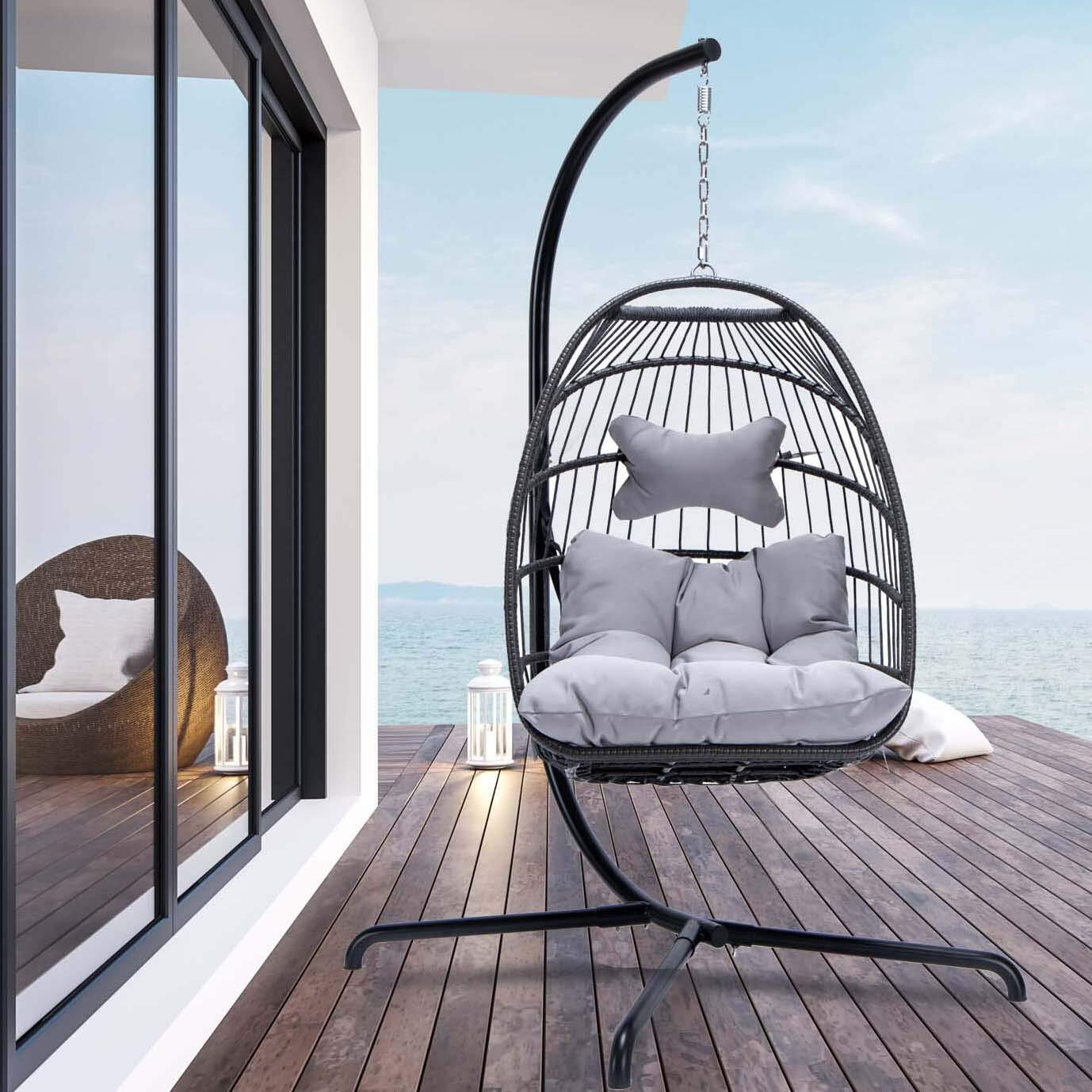 Nicesoul Egg Chair Outdoor Indoor Patio Wicker Hanging Egg Chair Swing Hammock Egg Chairs Uv Resistant Cushions 350Lbs Capacity For Living Room Bedroom Balcony (Grey)