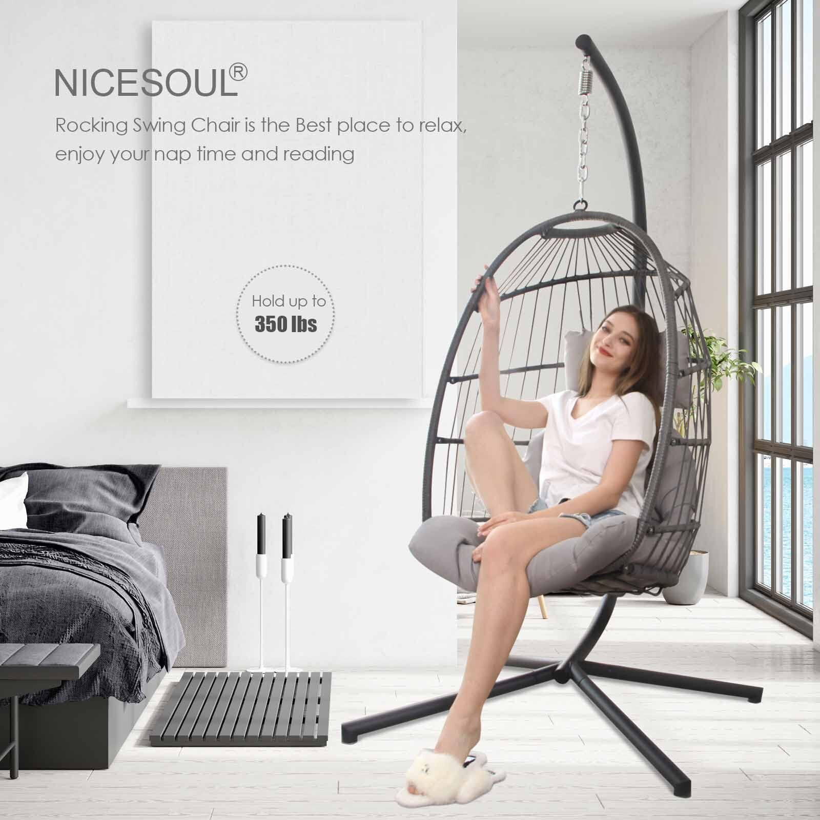 Nicesoul Egg Chair Outdoor Indoor Patio Wicker Hanging Egg Chair Swing Hammock Egg Chairs Uv Resistant Cushions 350Lbs Capacity For Living Room Bedroom Balcony (Grey)