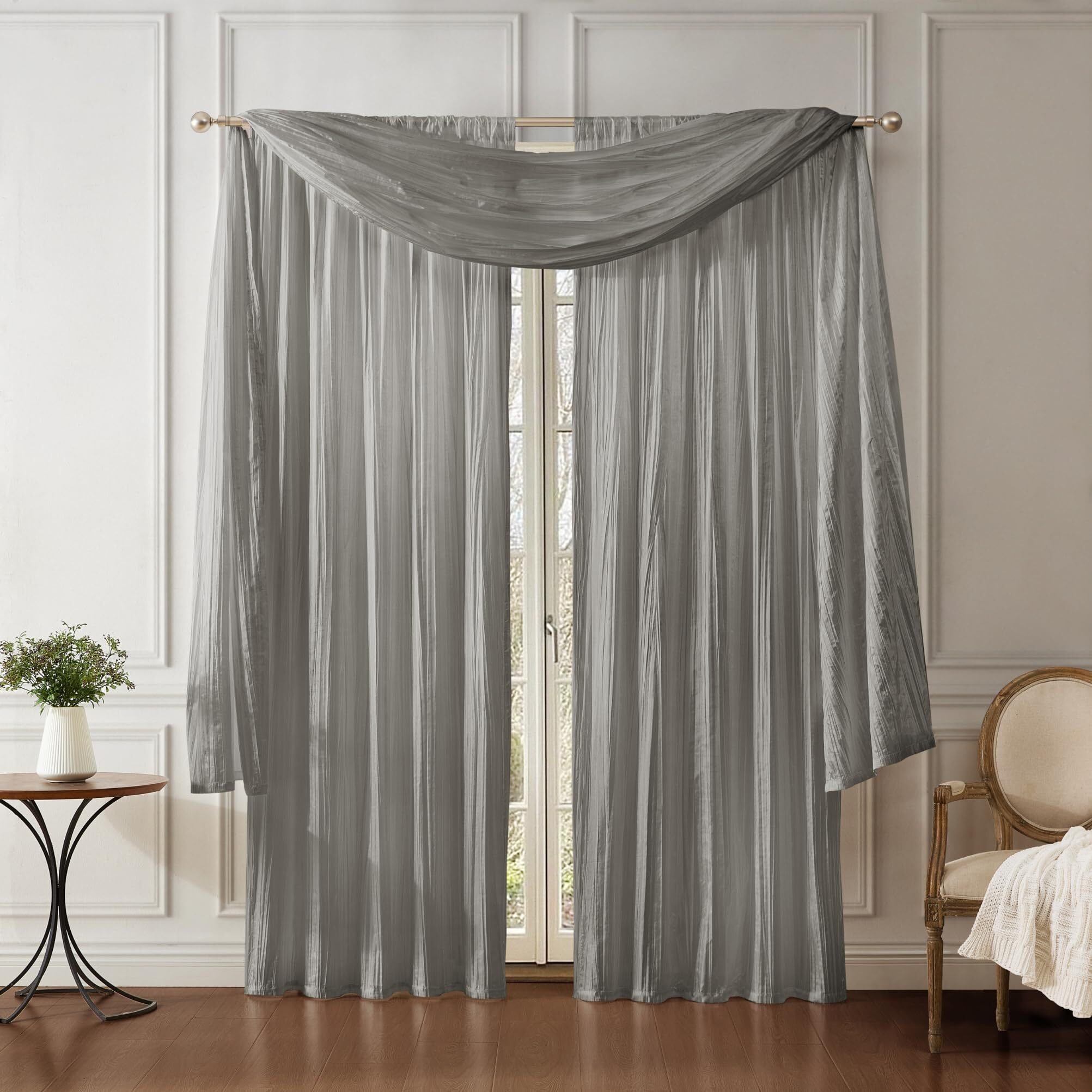 Elrene Home Fashions Athena Faux Crushed-Silk Window Curtain Panel And Valance Set, 52"&quotX84"" (2 Panels) & 1 Valance, Sterling