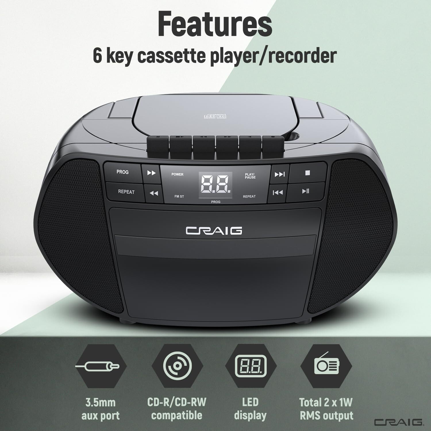Craig Portable Top-Loading Cd Boombox With Am/Fm Stereo Radio And Cassette Player/Recorder In Black | Cassette Player/Recorder | Led Display (Black)
