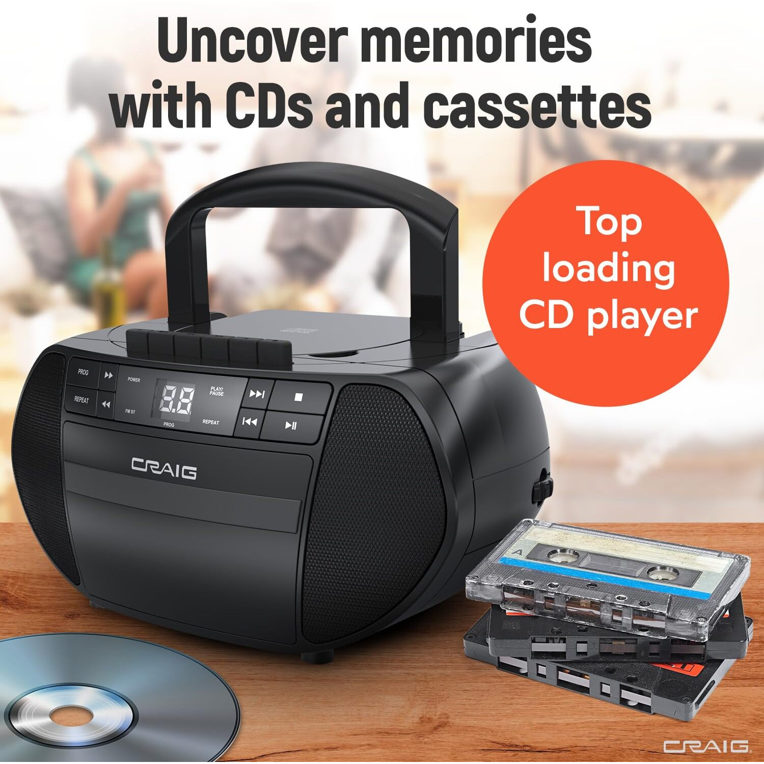 Craig Portable Top-Loading Cd Boombox With Am/Fm Stereo Radio And Cassette Player/Recorder In Black | Cassette Player/Recorder | Led Display (Black)