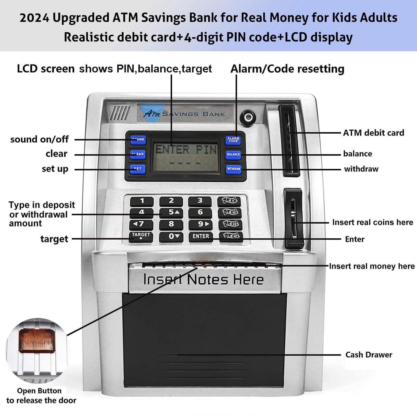 Atm Savings Bank For Real Money For Adults Kids With Card Personal Atm Saving Piggy Bank Machine For Boys Girls, Password Login,Coin Recognition,Balance Calculator,Electronic Safe Box (Silver/Black)