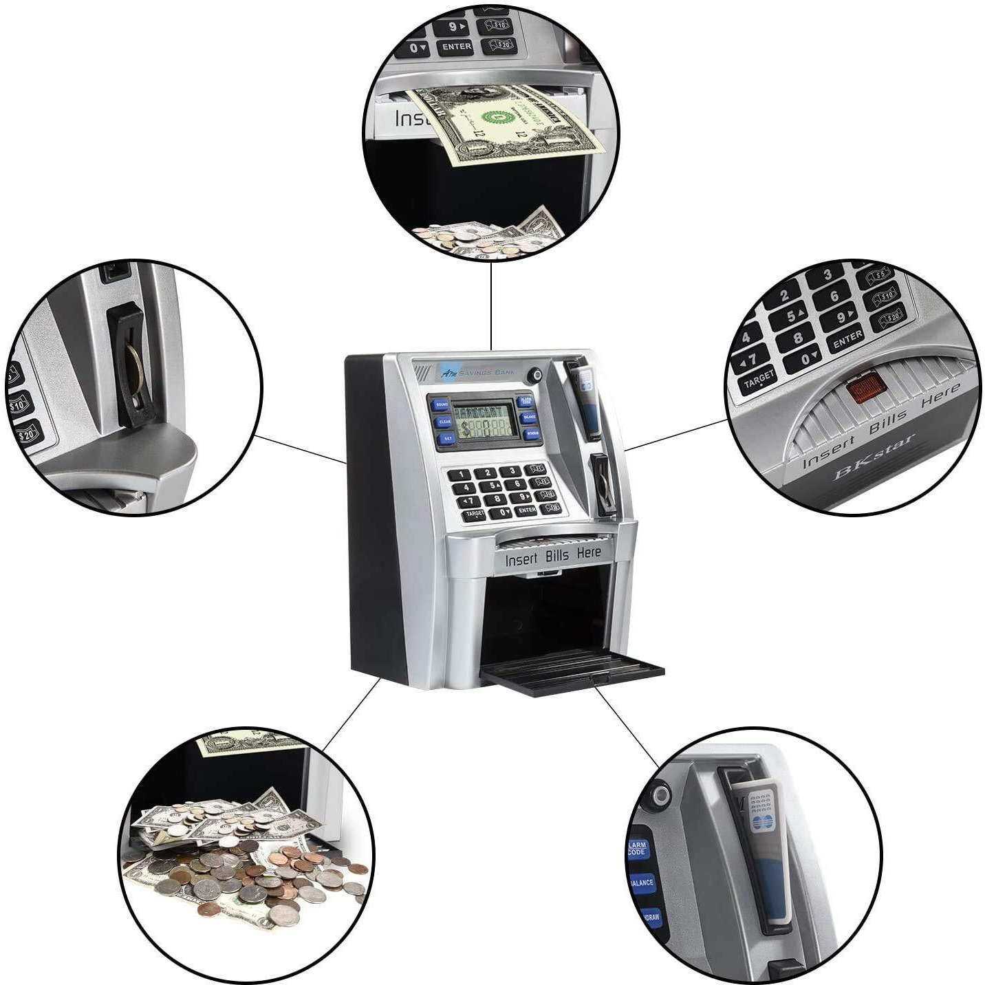 Atm Savings Bank For Real Money For Adults Kids With Card Personal Atm Saving Piggy Bank Machine For Boys Girls, Password Login,Coin Recognition,Balance Calculator,Electronic Safe Box (Silver/Black)