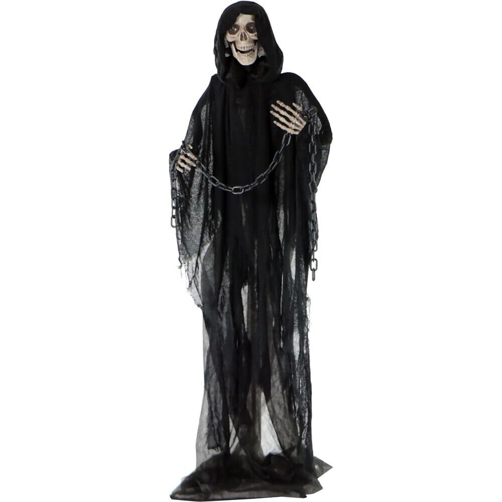 Haunted Hill Farm Life-Size Scary Grim Reaper With Chain, Halloween Animatronic With Touch Activated Lights And Sounds, Battery Operated Indoor Or Covered Outdoor Halloween Decorations, Halloween Prop