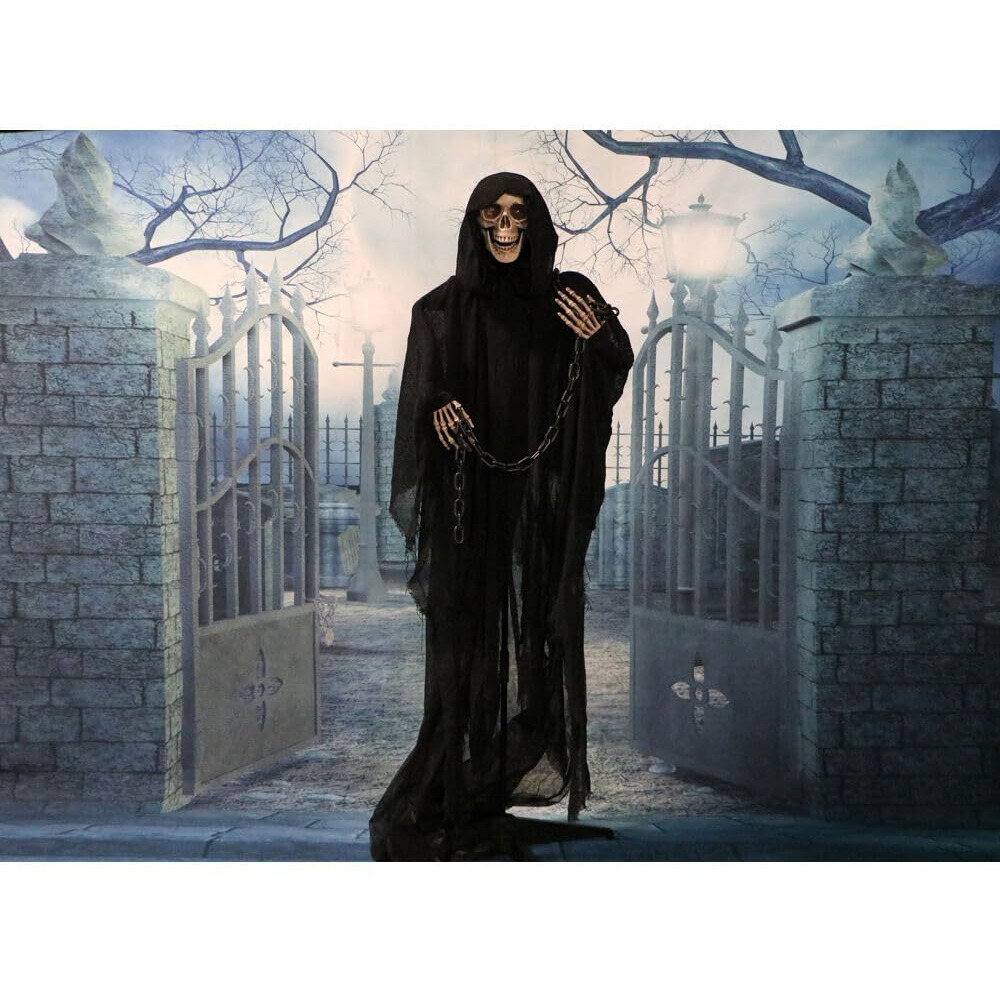 Haunted Hill Farm Life-Size Scary Grim Reaper With Chain, Halloween Animatronic With Touch Activated Lights And Sounds, Battery Operated Indoor Or Covered Outdoor Halloween Decorations, Halloween Prop