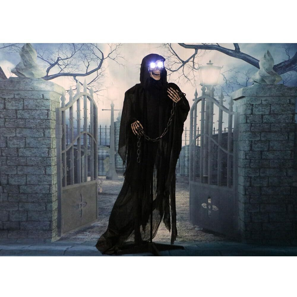 Haunted Hill Farm Life-Size Scary Grim Reaper With Chain, Halloween Animatronic With Touch Activated Lights And Sounds, Battery Operated Indoor Or Covered Outdoor Halloween Decorations, Halloween Prop
