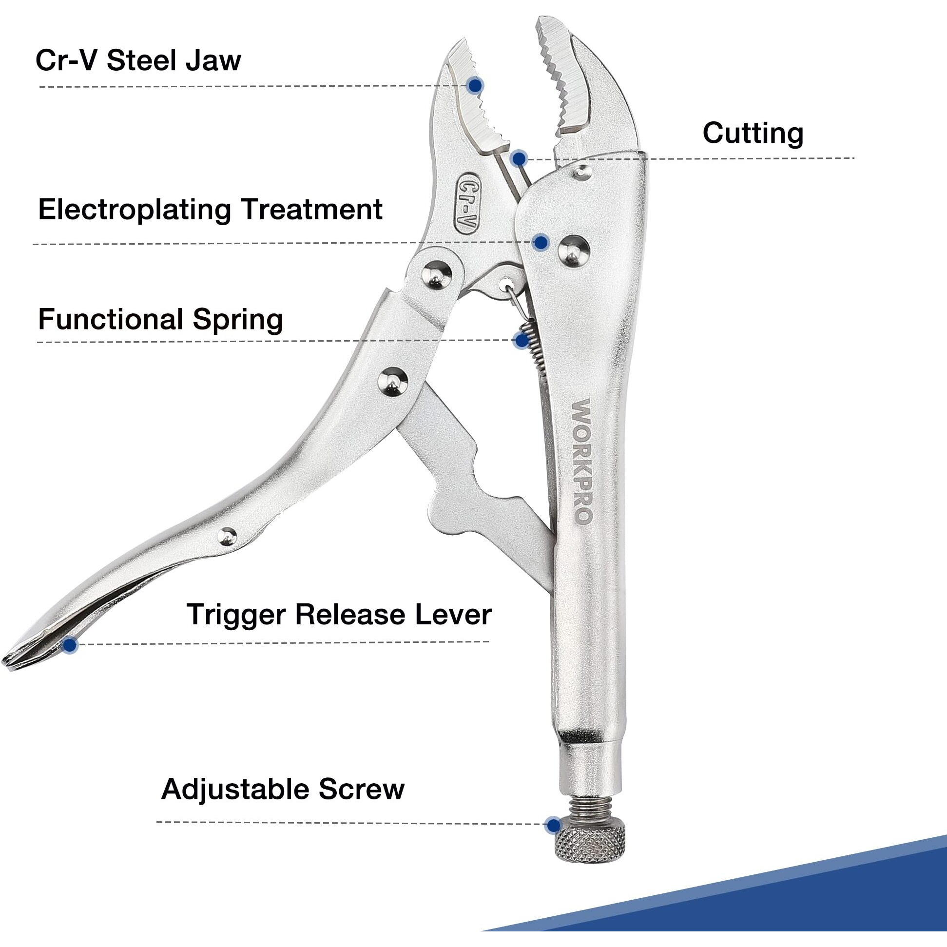 Workpro 5-Piece Locking Pliers Set, Pliers Tool Set, Vice Grips With Chrome-Vanadium Steel, 5/7/10 Inch Curved Jaw Pliers, 6.5/9 Inch Long Nose Pliers