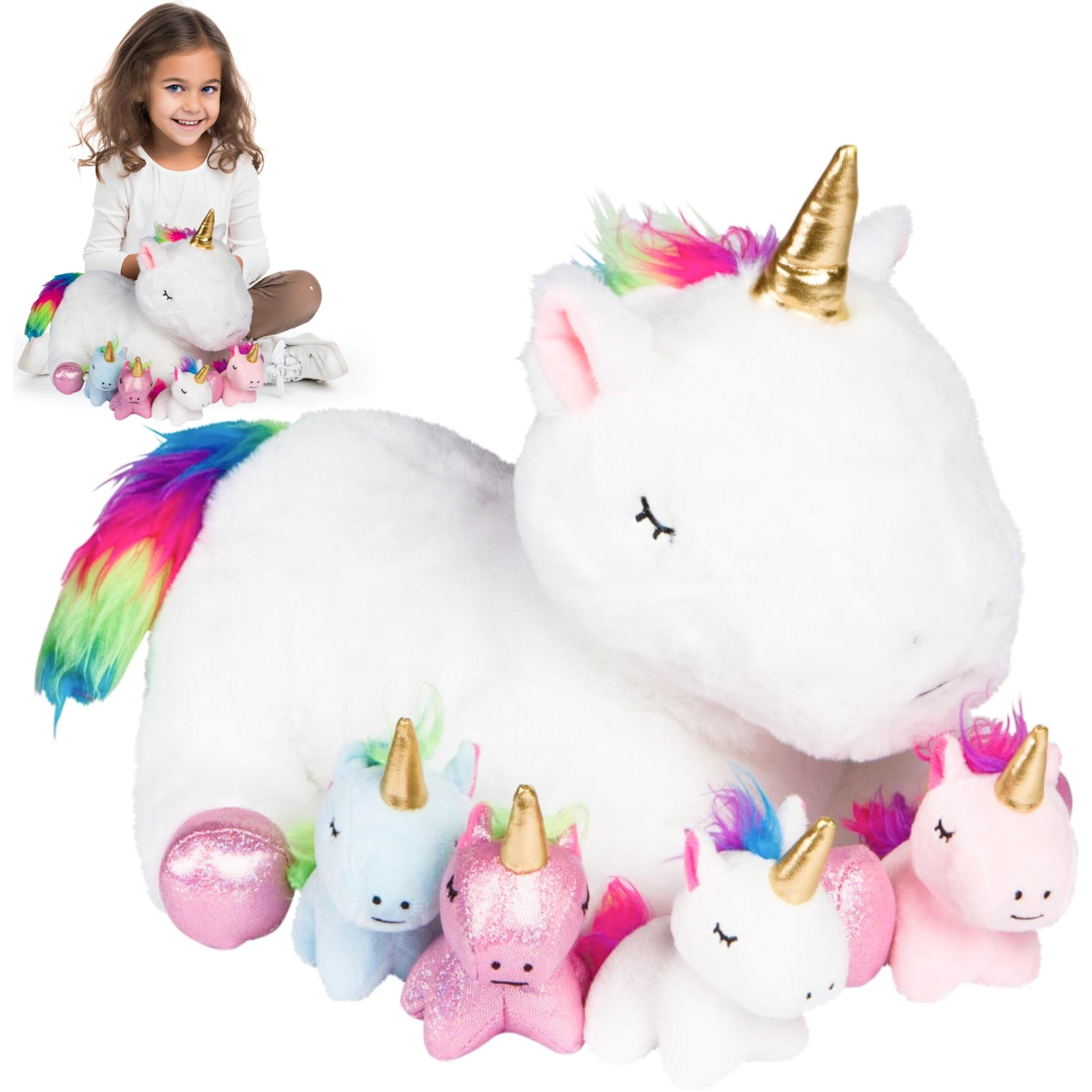 Pixiecrush Unicorn Stuffed Animals For Girls, Set Of 5 - Mommy Unicorn With Babies - Magical Giant Unicorn Stuffed Animal - Enchanting Stuffed Unicorn With Babies Set - Plush Stuffed Animals For Kids