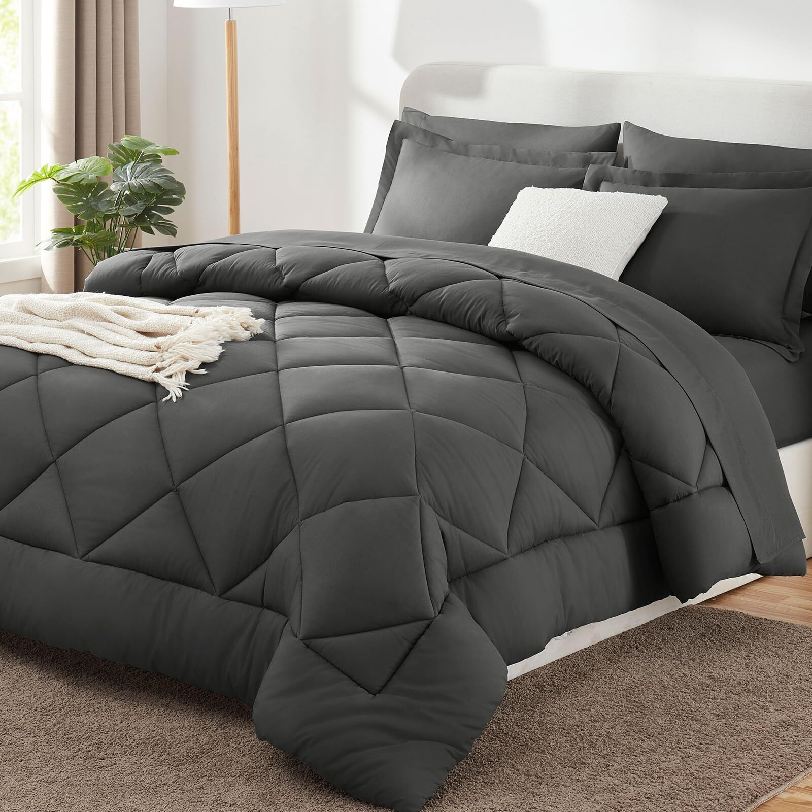 Cozylux Twin Bed In A Bag Comforter Set With Sheets 5-Pieces For Girls And Boys Dark Grey All Season Bedding Sets With Comforter, Pillow Sham, Flat Sheet, Fitted Sheet And Pillowcase