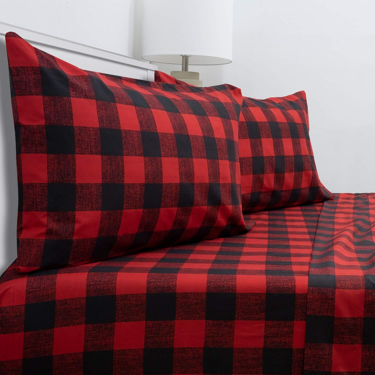 Queen Size Bed Sheets - Breathable Luxury Sheets With Full Elastic & Secure Corner Straps Built In - 1800 Supreme Collection Extra Soft Deep Pocket Bedding, Sheet Set, Queen, Buffalo Check Burgundy