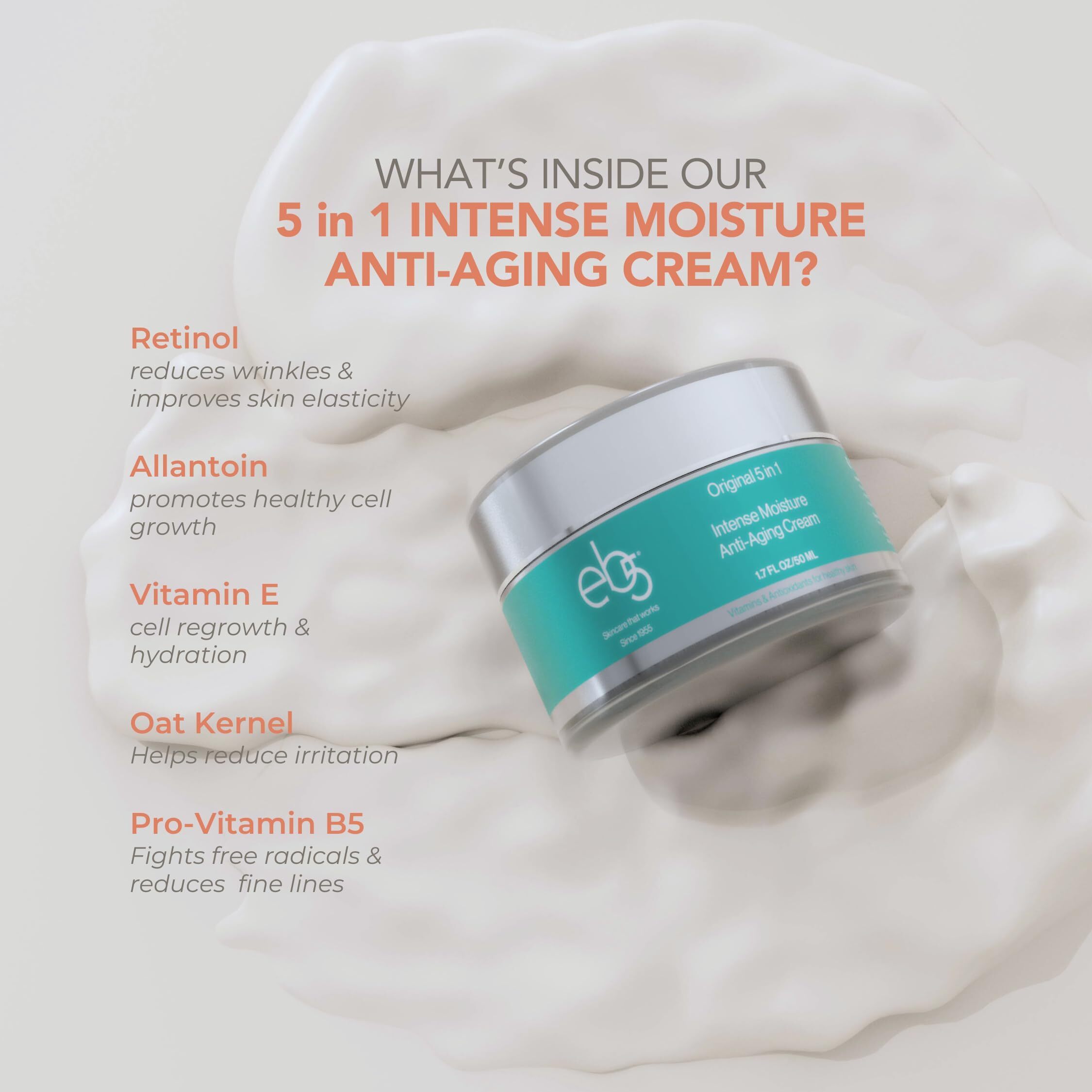 Eb5 Intense Moisture Anti Aging Moisturizer Face & Neck Cream- Tone Tighten Skin With Retinol, Fade Fine Lines & Wrinkles With Vitamin E, A & B5-1.7Oz.