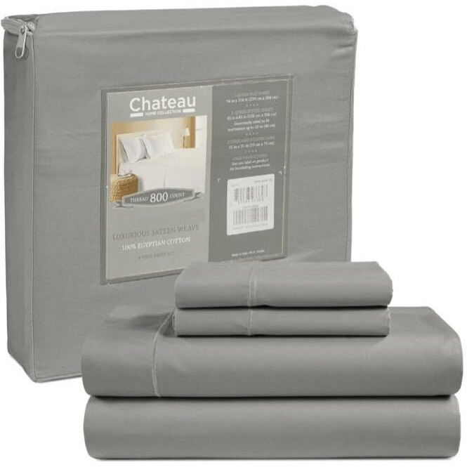 Deep Pocket Queen Sheets Set Egyptian Cotton Sheet & Pillowcase Sets,800 Thread Count Sateen Finish Sheets Queen Size Bedding Set, 100% Cotton Sheets Queen Size Bed Set, Silver Grey Sheets Queen Size