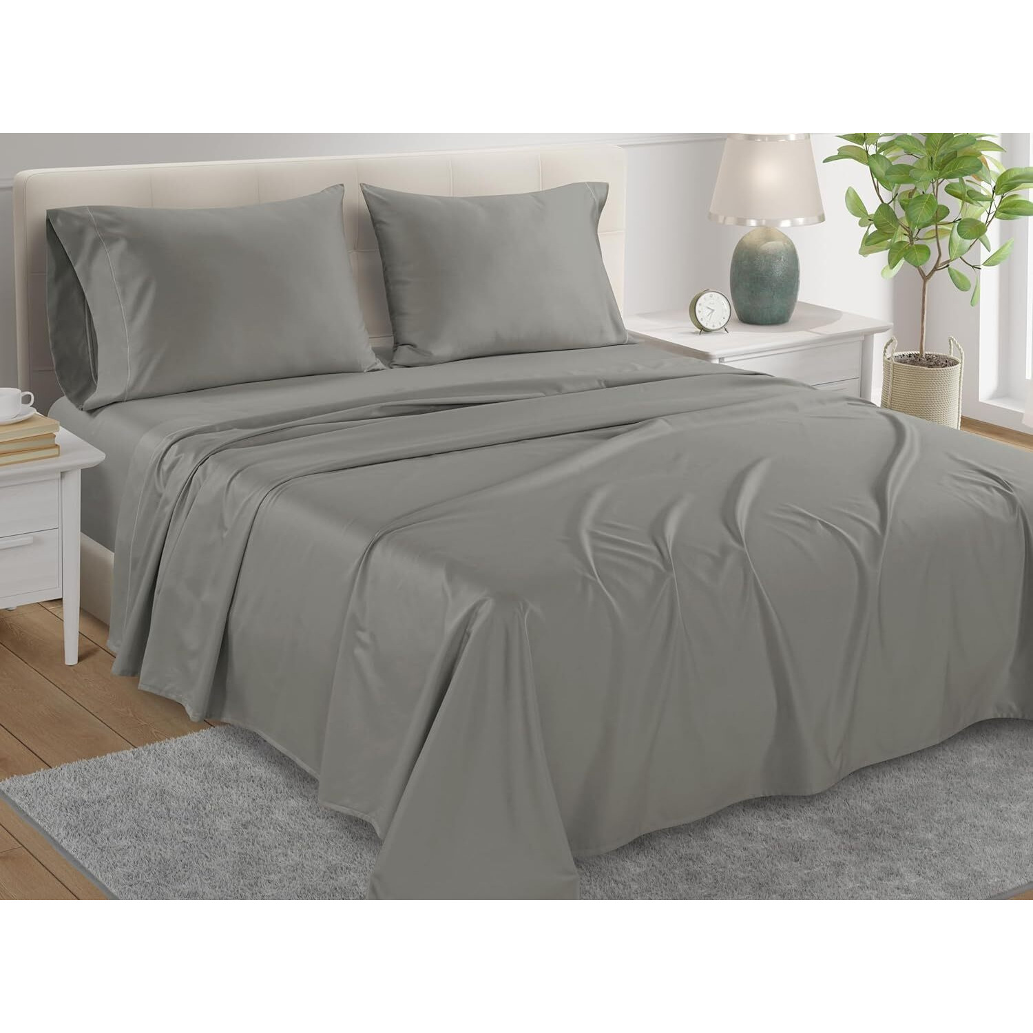 Deep Pocket Queen Sheets Set Egyptian Cotton Sheet & Pillowcase Sets,800 Thread Count Sateen Finish Sheets Queen Size Bedding Set, 100% Cotton Sheets Queen Size Bed Set, Silver Grey Sheets Queen Size