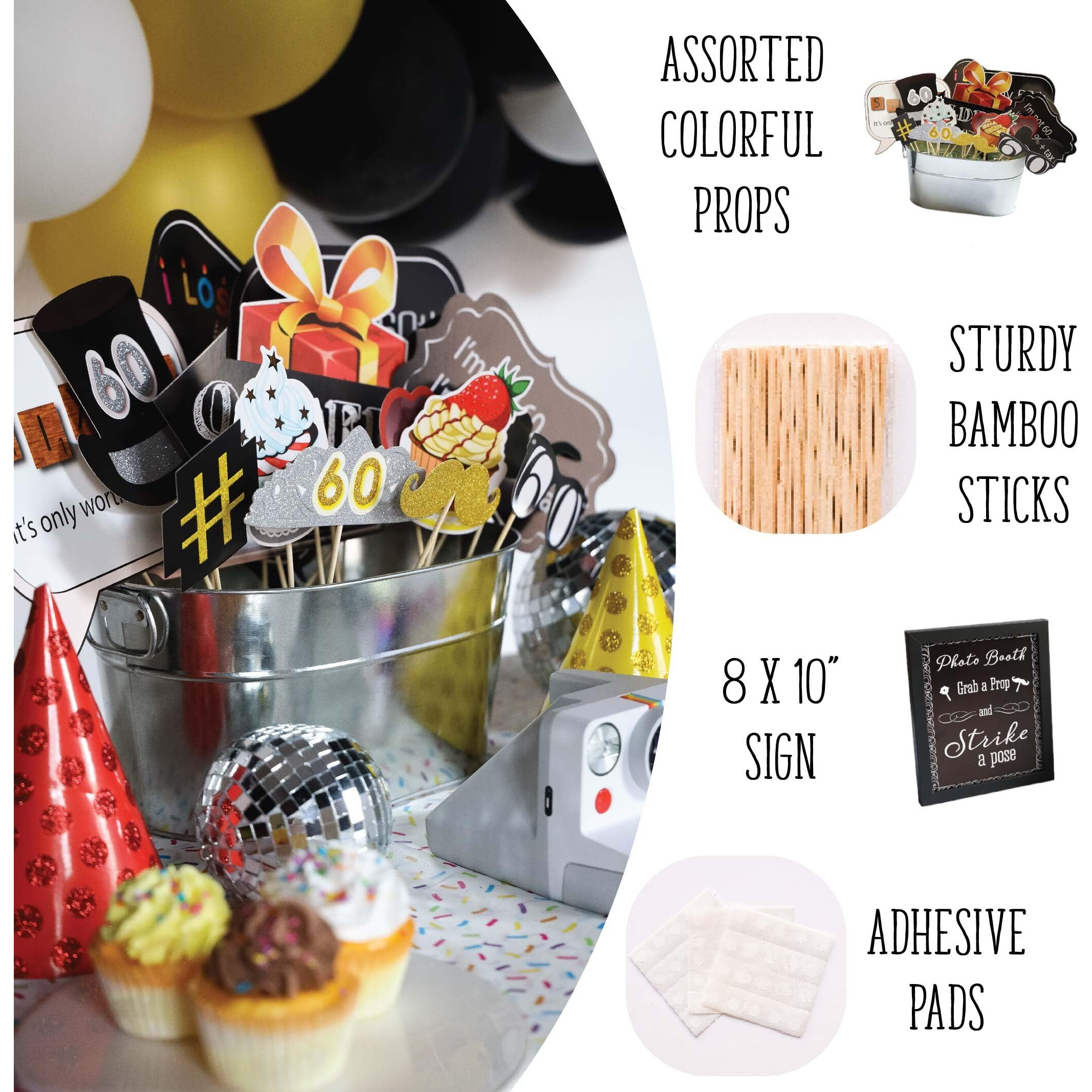 60Th Birthday Photo Booth Props - 31-Pc Selfie Props With 8 X 10-Inch Sign, 45 Adhesive Pads, 35 Sticks - Birthday Decorations