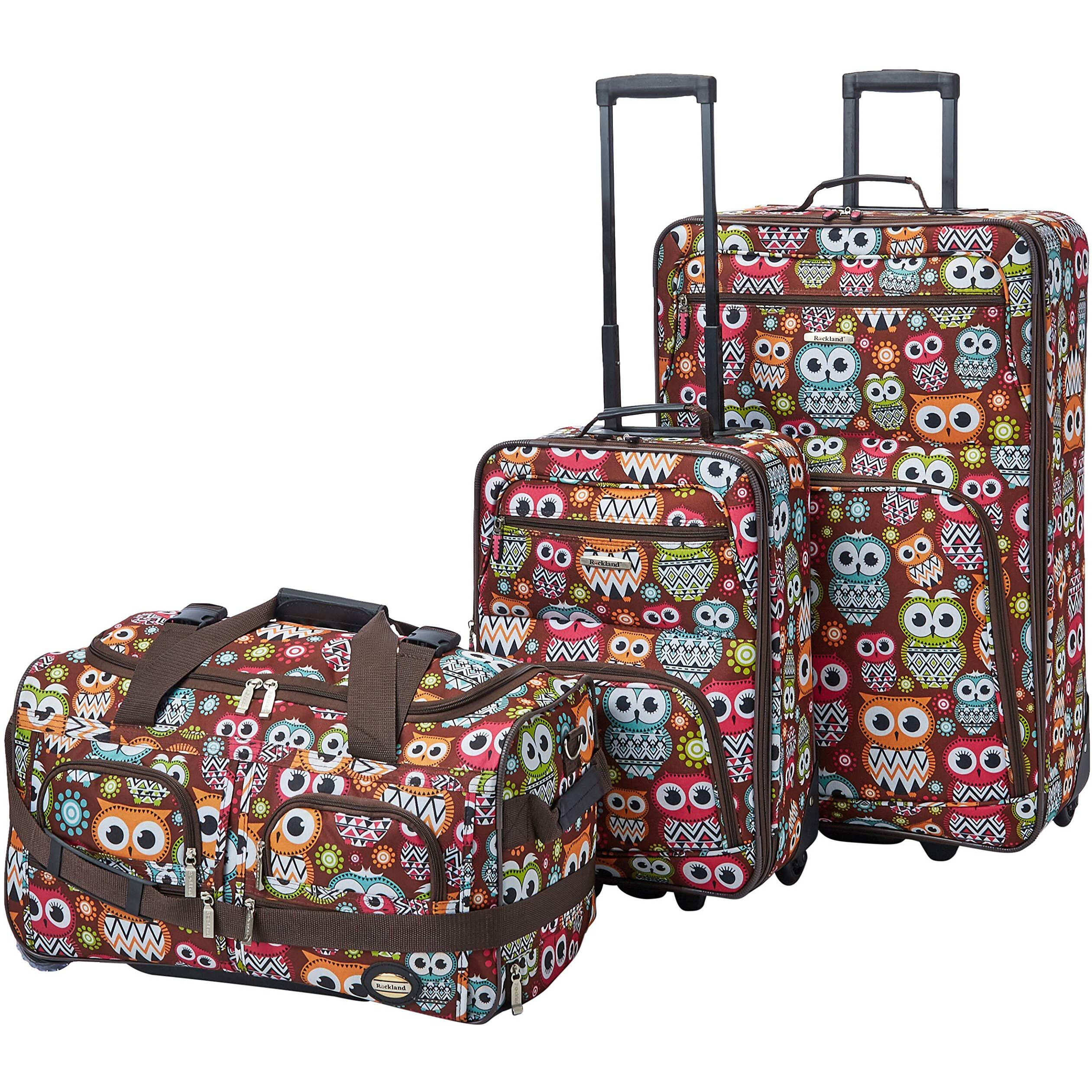 Rockland Vara Softside 3-Piece Upright Luggage Set,Expandable, Owl, 20 Inch,22 Inch,28 Inch