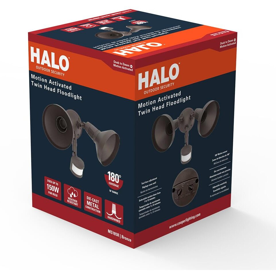 Halo 180 Motion Activated Sensor Outdoor Security Flood Light With Lamp Cover, Bronze