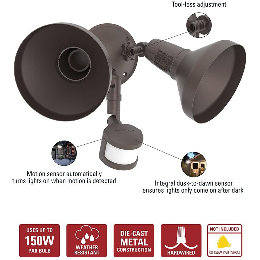 Halo 180 Motion Activated Sensor Outdoor Security Flood Light With Lamp Cover, Bronze
