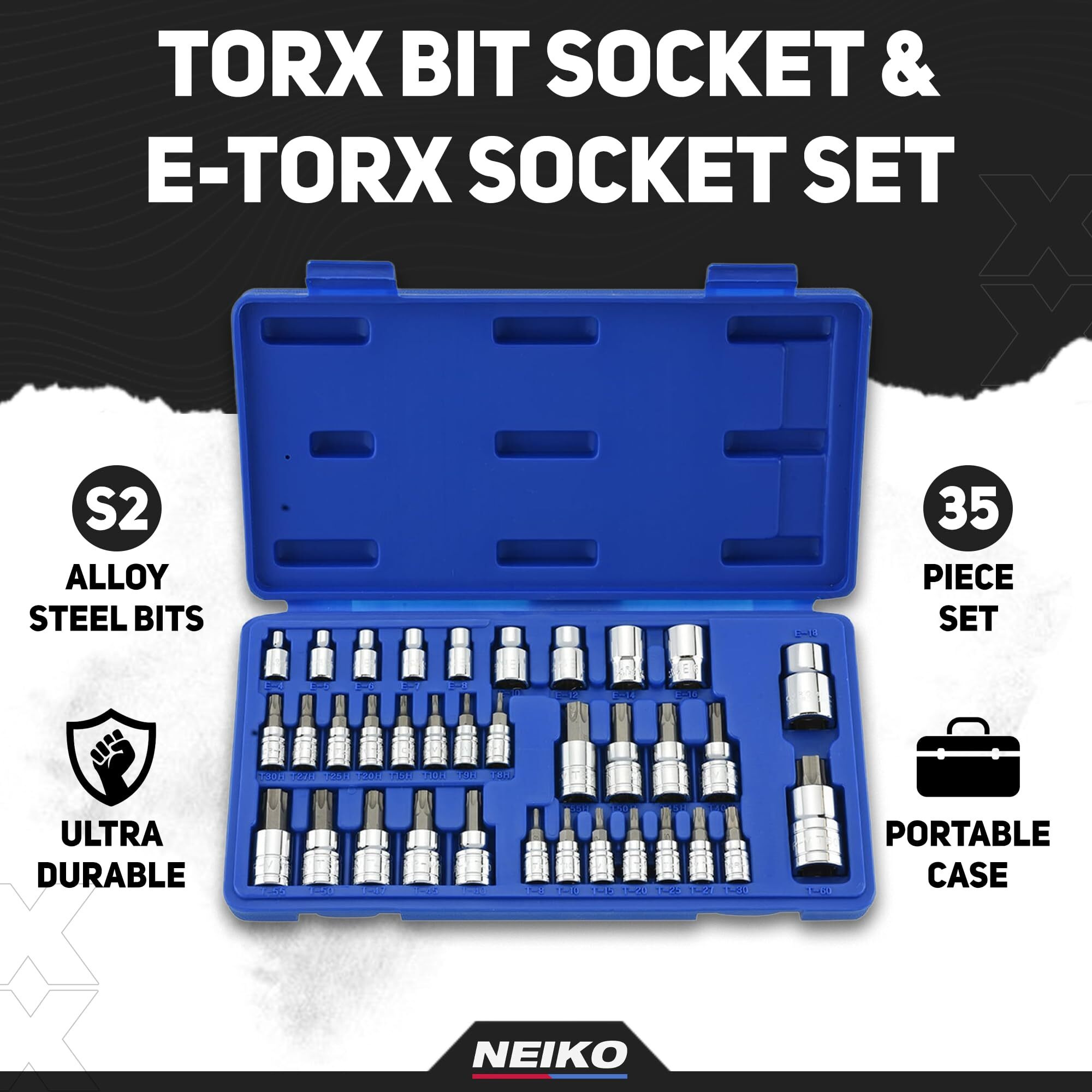 Neiko 10070A Torx Bit Socket And E-Torx Star Socket Set | 35-Piece Set, S2 And Cr-V Steel, 1/4   , 3/8    And 1/2-Inch Drive