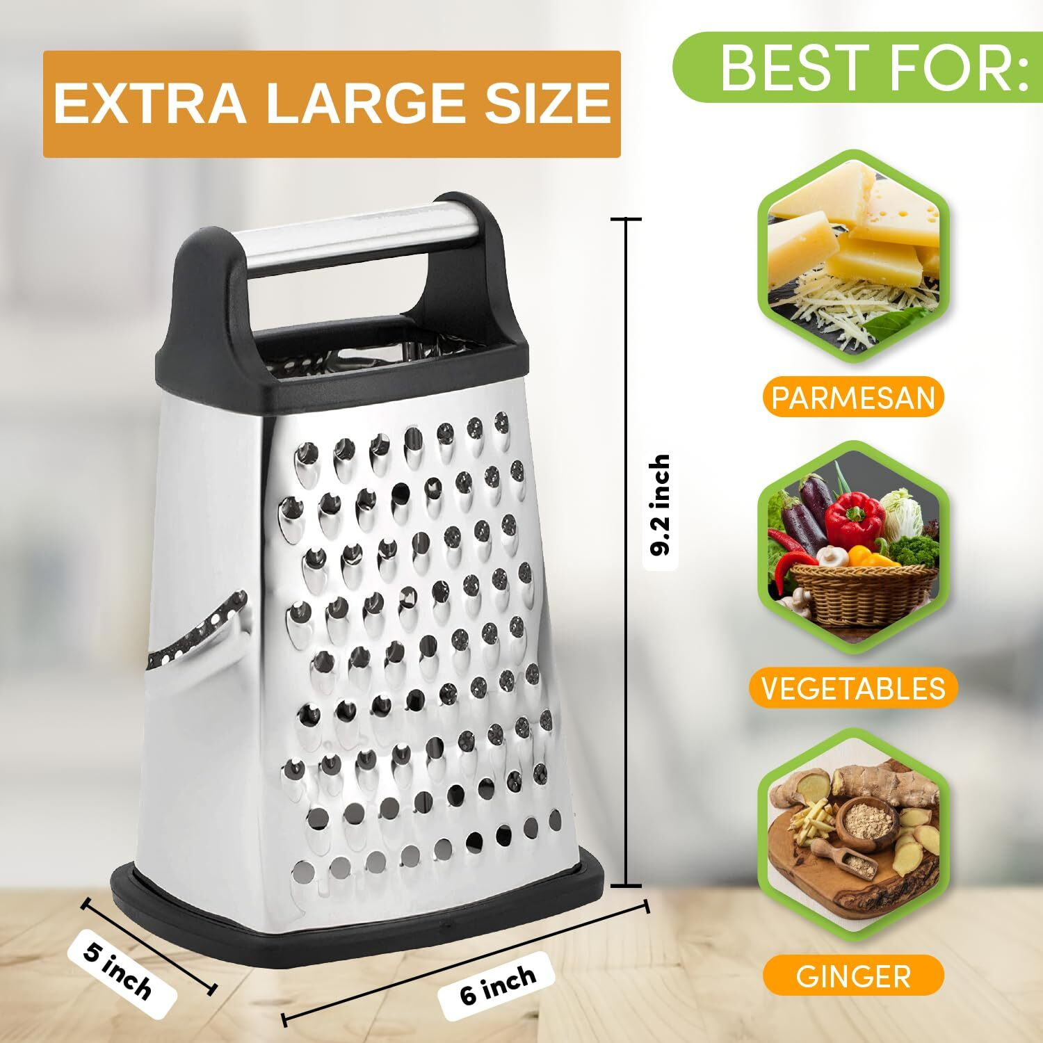 Spring Chef Professional Cheese Grater - Stainless Steel, Xl Size, 4 Sides - Perfect Box Grater For Parmesan Cheese, Vegetables, Ginger - Dishwasher Safe - Black