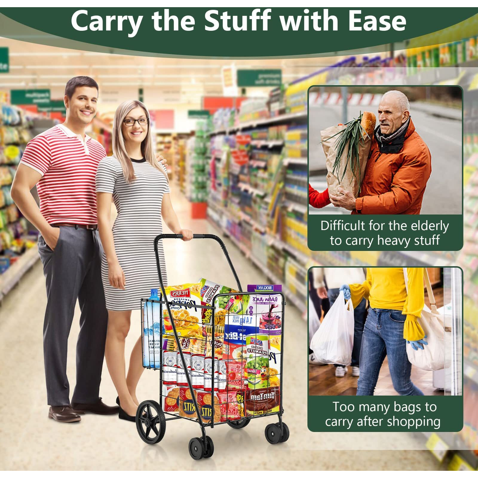 Goplus Jumbo Folding Shopping Cart With Rolling Swivel Wheels, Foldable Grocery Cart On Wheels With Double Basket, Heavy Duty Utility Cart, Shopping Carts For Groceries Laundry Book Luggage Travel