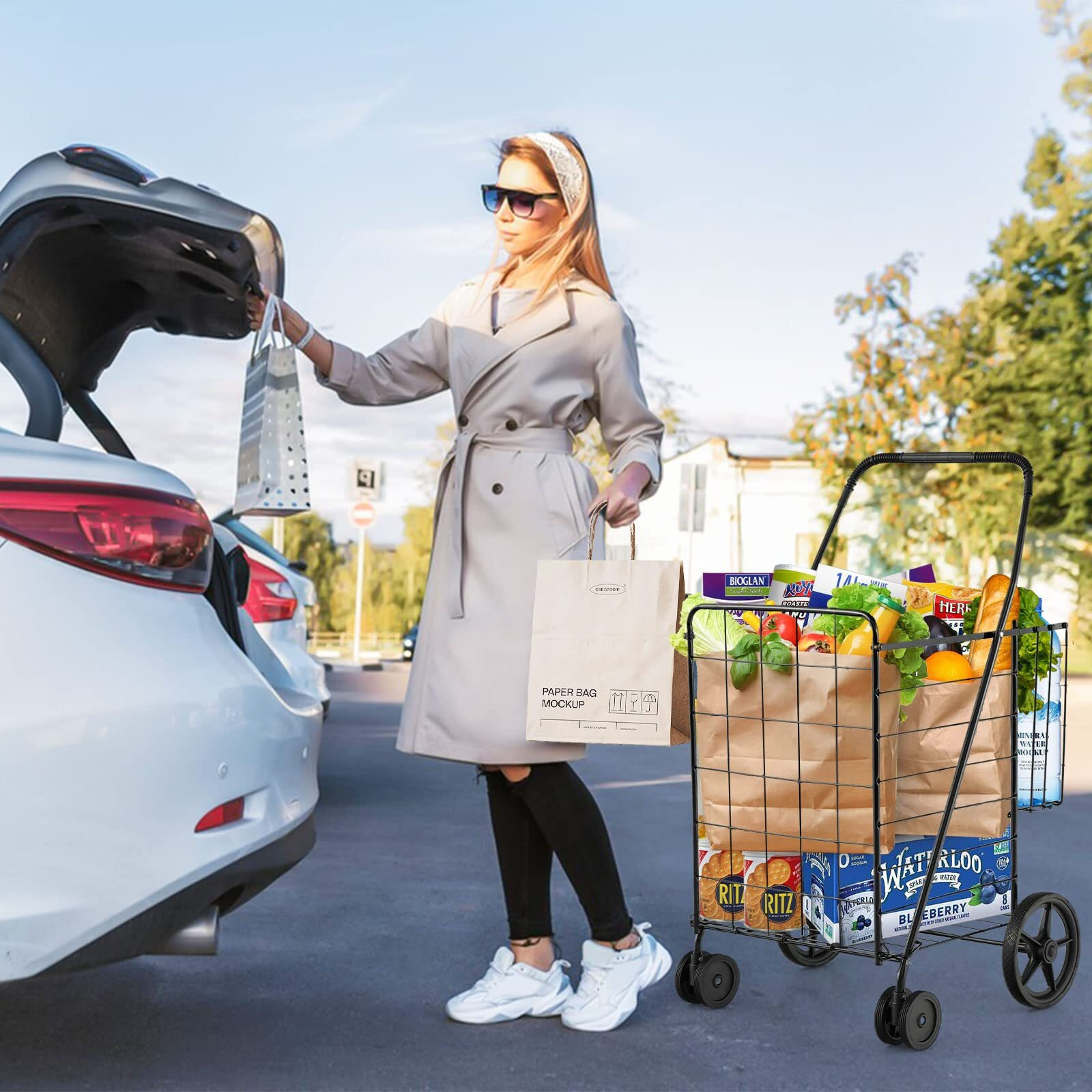 Goplus Jumbo Folding Shopping Cart With Rolling Swivel Wheels, Foldable Grocery Cart On Wheels With Double Basket, Heavy Duty Utility Cart, Shopping Carts For Groceries Laundry Book Luggage Travel
