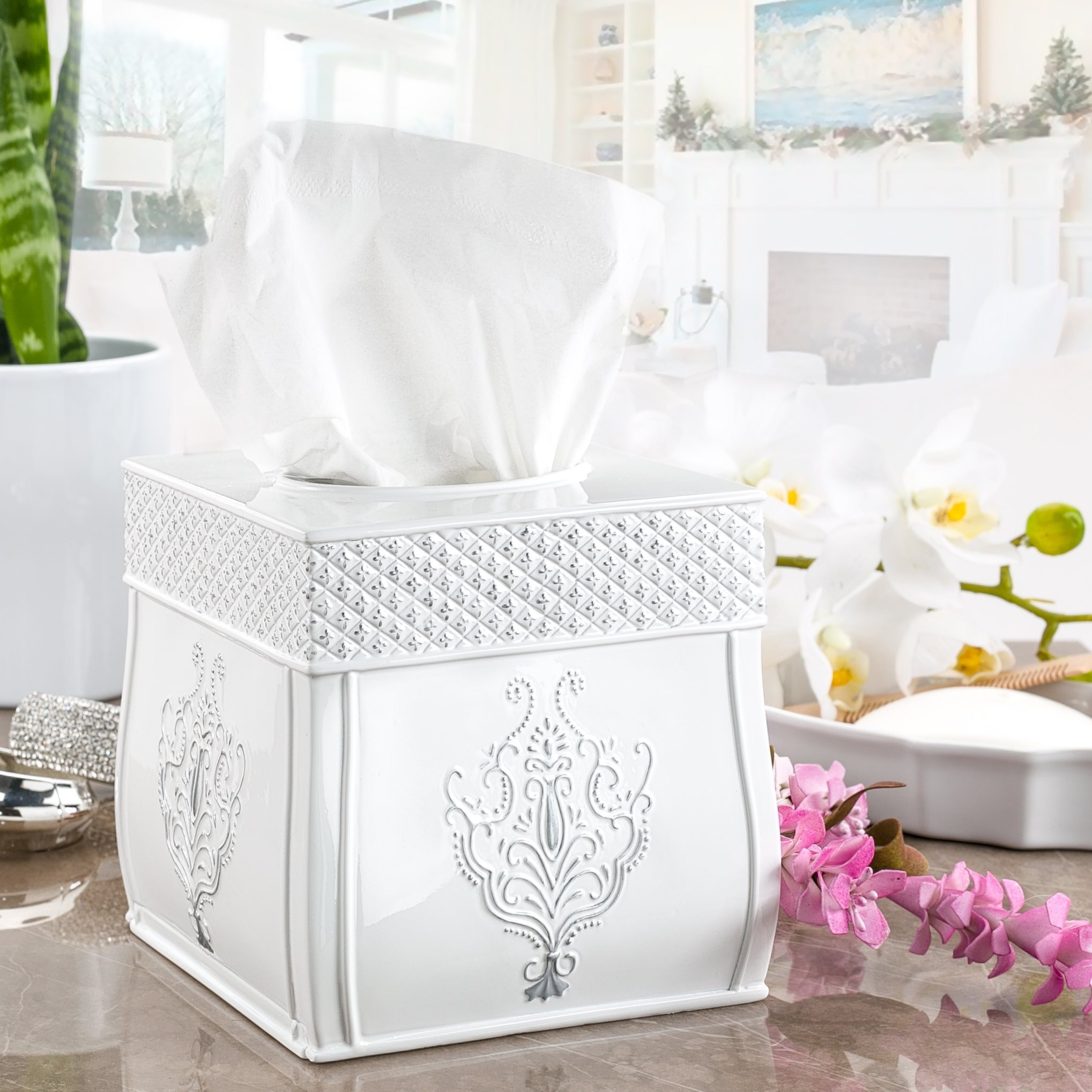 Creative Scents White Tissue Box Cover Square - French Country Tissue Box Holder Square - Vintage White Tissue Holder For Bathroom With Durable Crafted Sliding Bottom For Tissues Cube Box