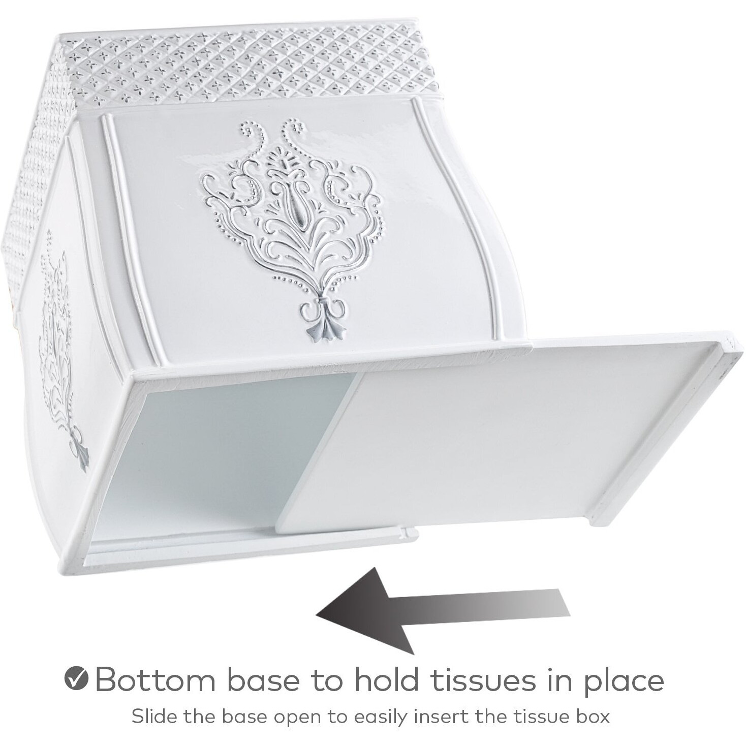 Creative Scents White Tissue Box Cover Square - French Country Tissue Box Holder Square - Vintage White Tissue Holder For Bathroom With Durable Crafted Sliding Bottom For Tissues Cube Box
