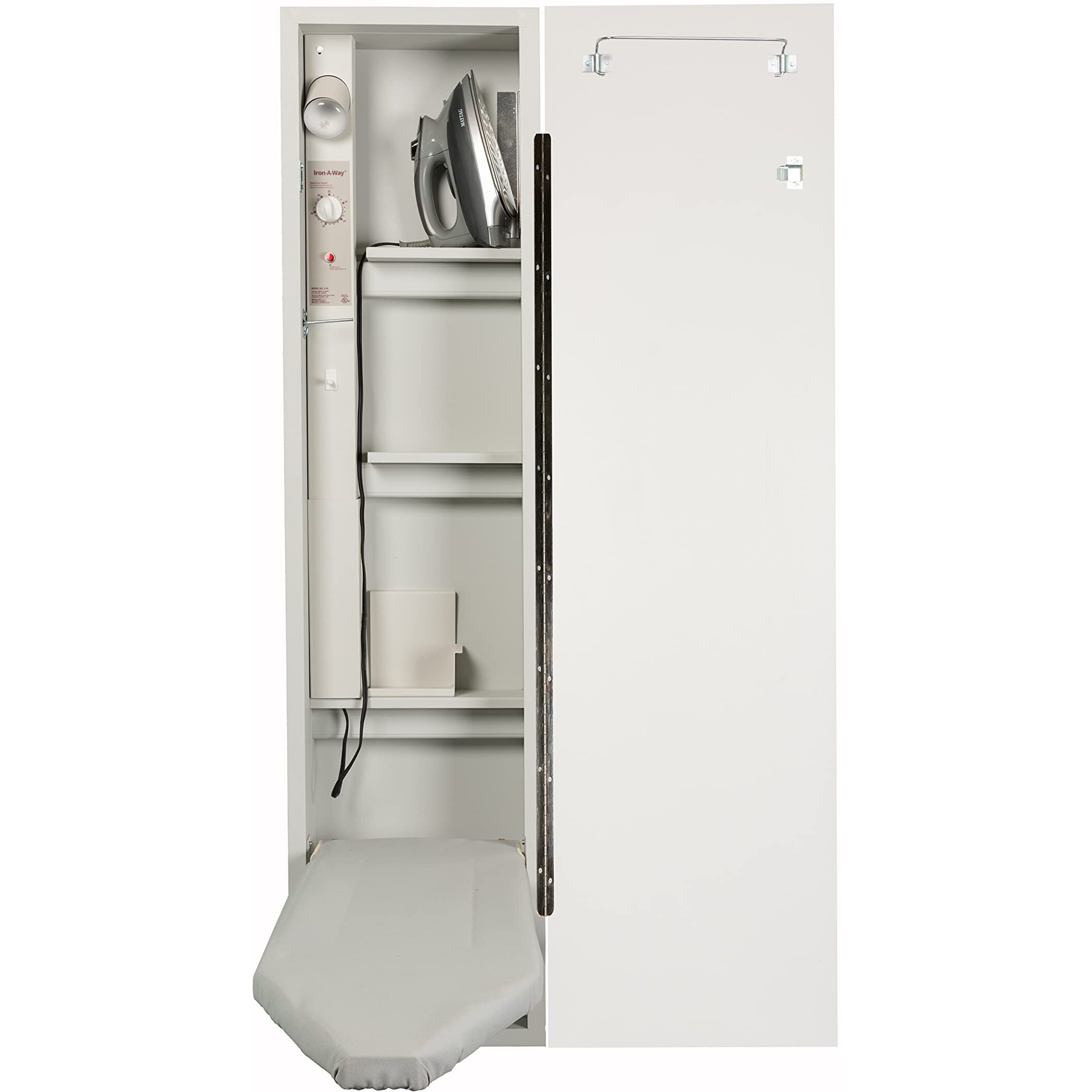 Iron-A-Way Built-In Ironing Center With 46 Inch Ironing Board, Electrical System, Hot Iron Storage And Raised White Panel Door-E46Rwu