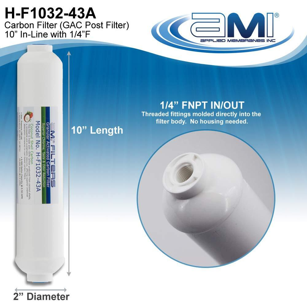 Inline Carbon Water Filter | 10"" Length | 1/4"" Threaded Female In/Out | For Chlorine Taste & Odor Or Post Filter For Home Ro | Ro Stage 5 Polishing Filter (1, 1/4"" Female Threade)
