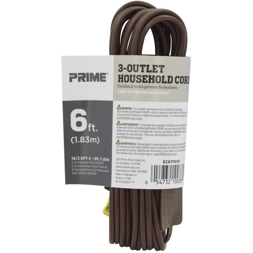 Prime Wire & Cable Ec670606 6-Foot 16/2 Spt-2 3-Outlet Indoor Cord, Brown