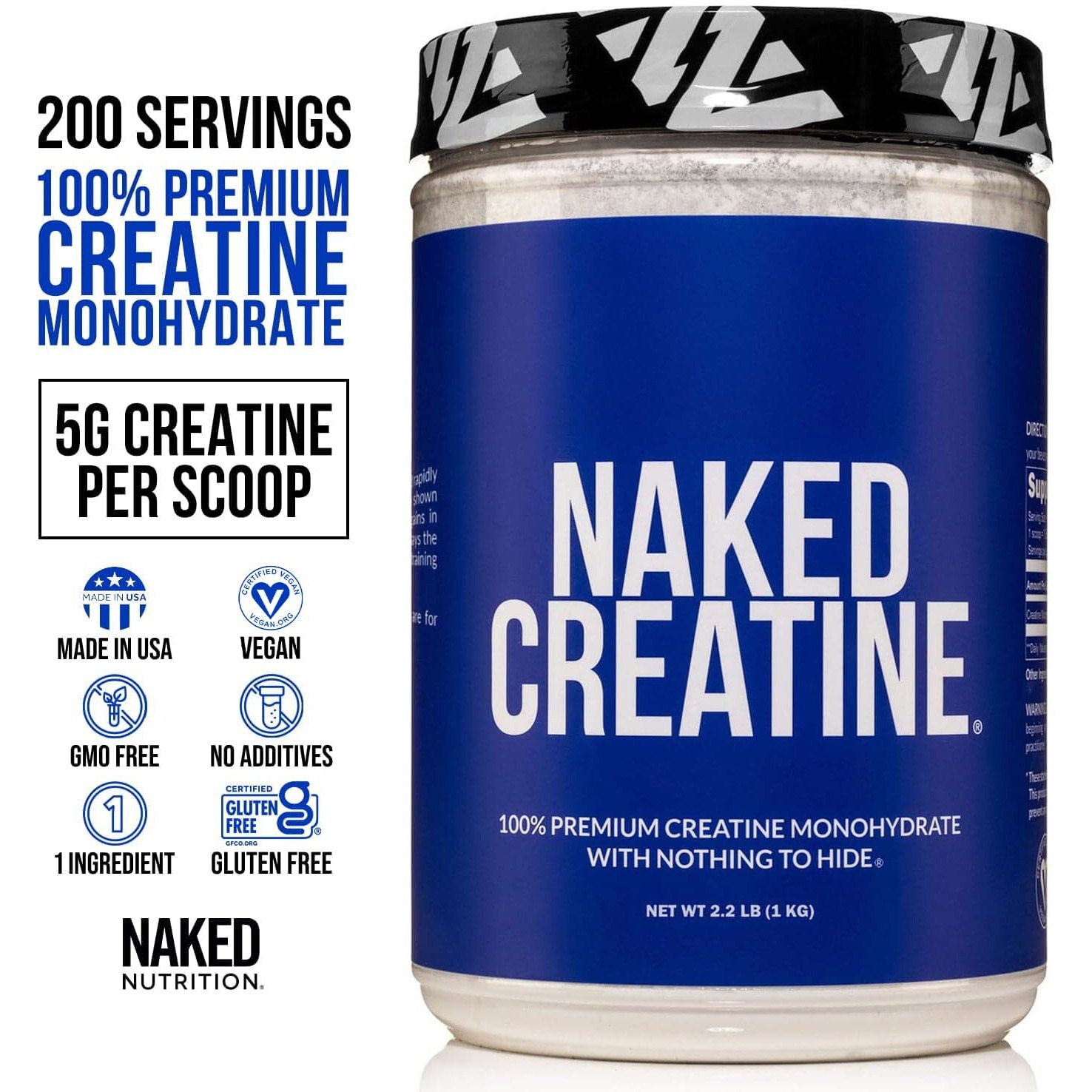 Pure Creatine Monohydrate - 200 Servings - 1,000 Grams, 2.2Lb Bulk, Vegan, Non-Gmo, Gluten Free, Soy Free. Aid Strength Gains, No Artificial Ingredients - Naked Creatine