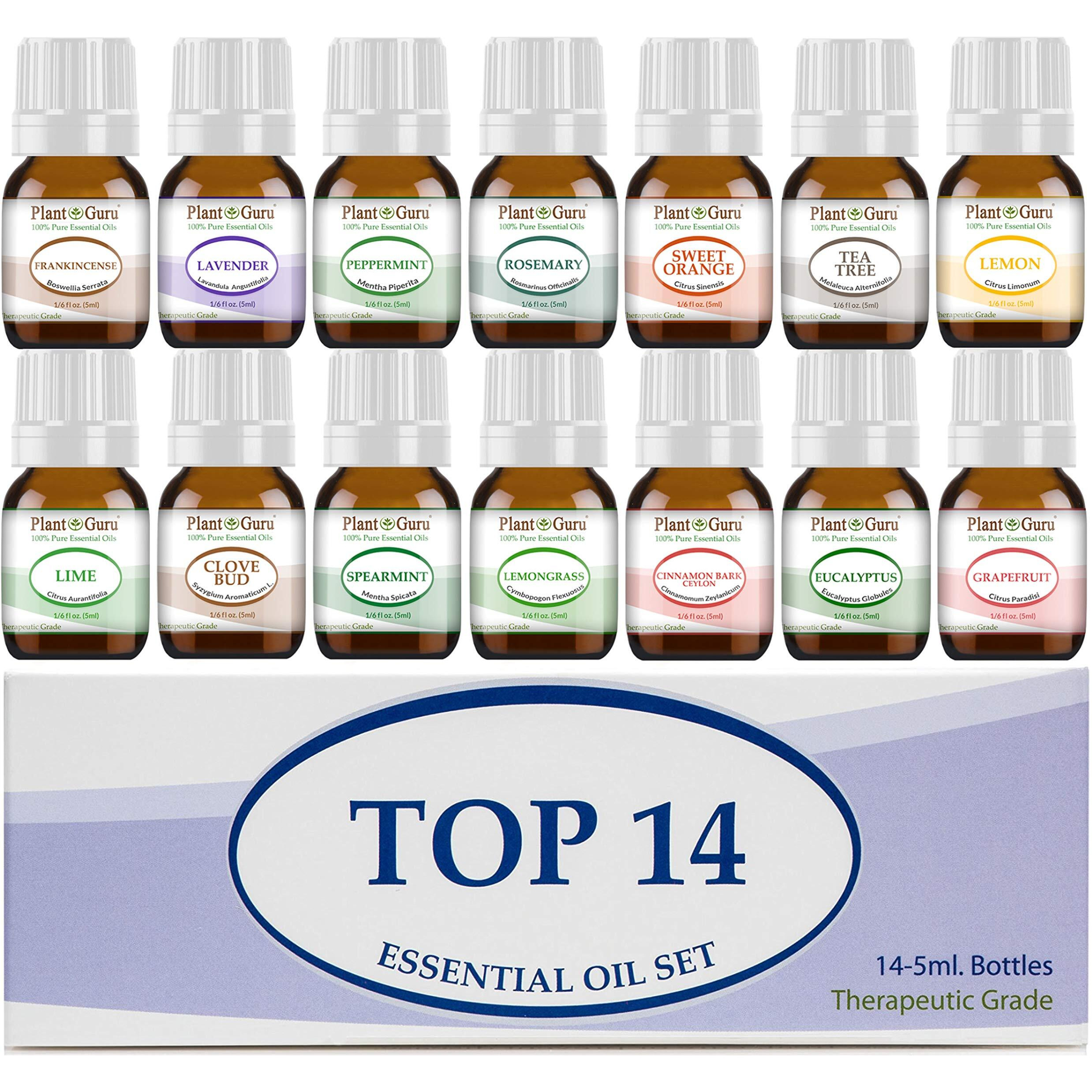 Essential Oil Set 14-5 Ml Therapeutic Grade 100% Pure Frankincense, Lavender, Peppermint, Rosemary, Orange, Tea Tree, Eucalyptus, Grapefruit, Lemon, Lime, Clove, Spearmint, Lemongrass, Cinnamon