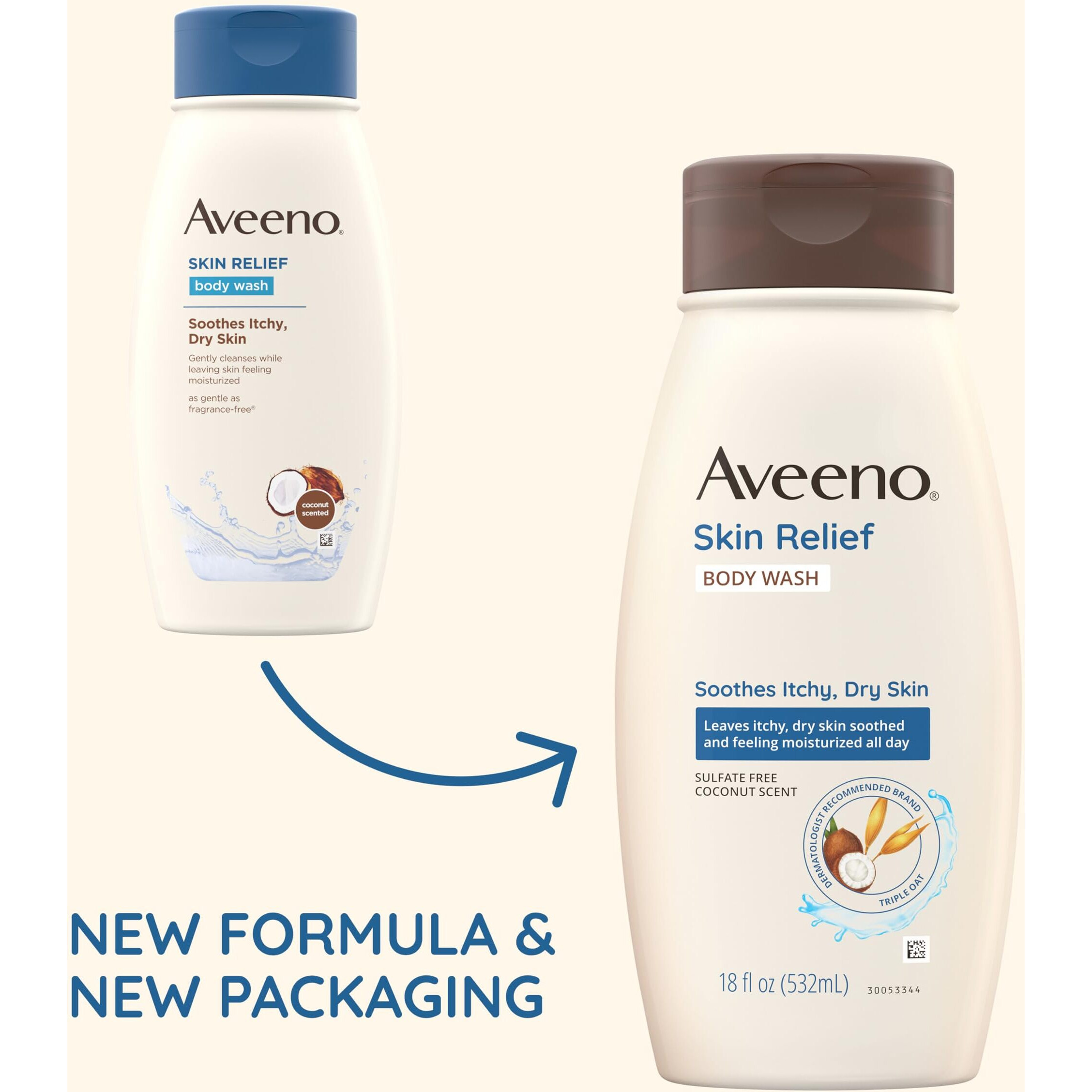 Aveeno Skin Relief Body Wash With Coconut Scent & Soothing Oat, Gentle Soap-Free Body Cleanser For Dry, Itchy & Sensitive Skin, Dye-Free & Allergy-Tested, 12 Fl. Oz