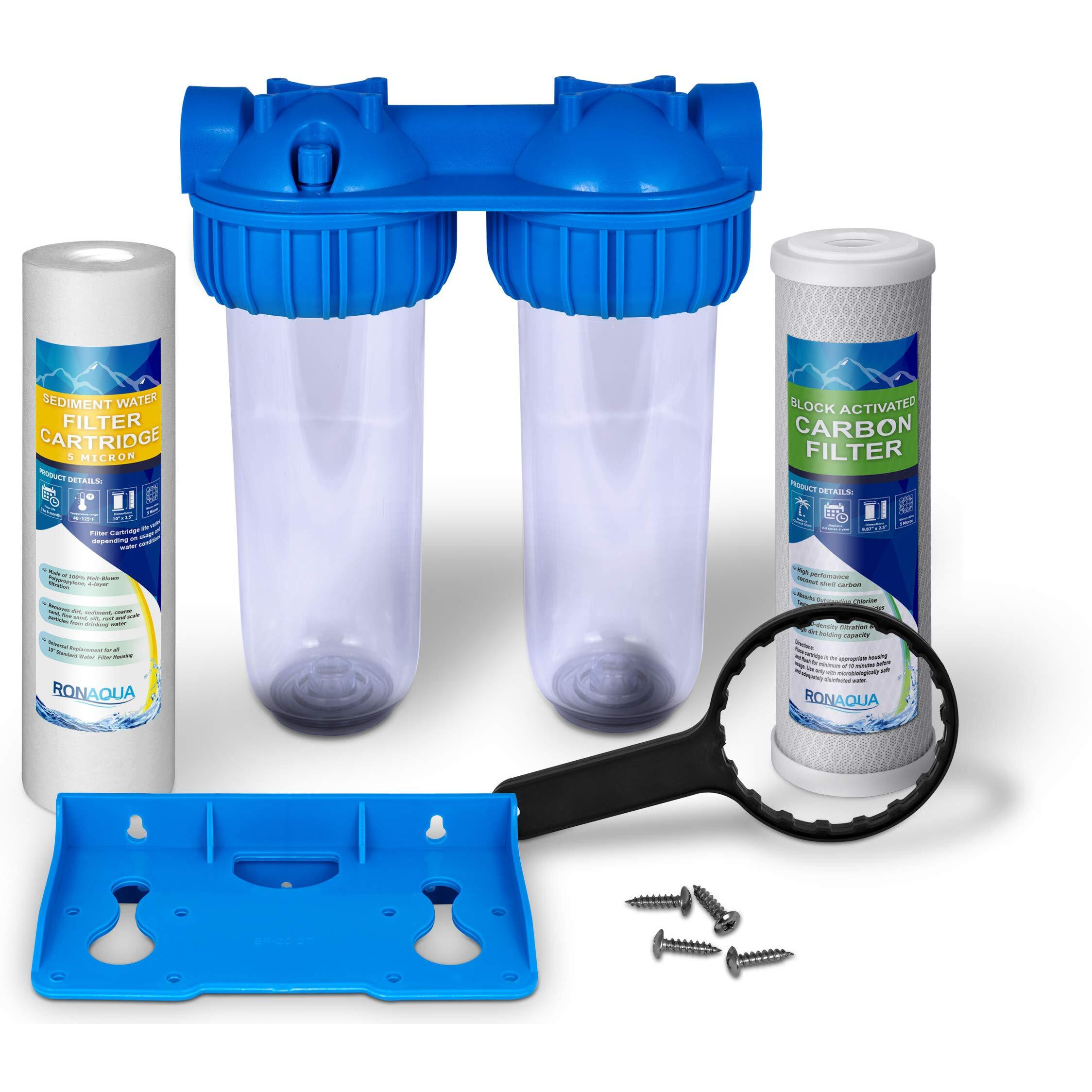Dual Whole House Water Filter System, Transparent Standard Housings, Presser Relief Button, 3/4    Inlet/Outlet Brass Port, 5 Micron Sediment & Carbon Cartridges Meets Nsf Standards & Regulations