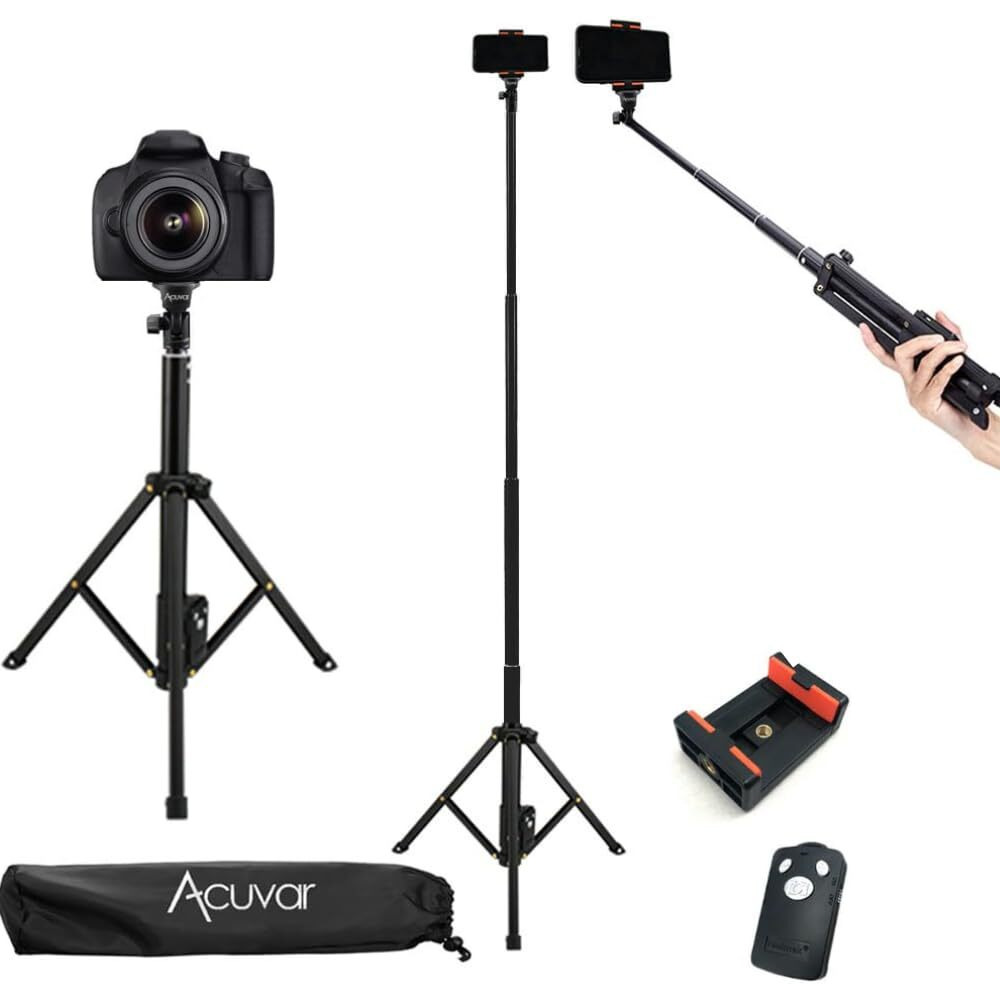 Acuvar 54"" Inch Aluminum Extendable Monopod Tripod/Selfie Stick With Universal Smartphone Mount + Wireless Remote Control Camera Shutter For All Smartphones Iphones & Android