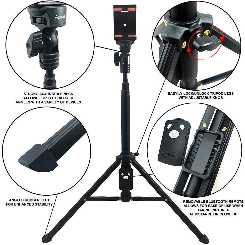 Acuvar 54"" Inch Aluminum Extendable Monopod Tripod/Selfie Stick With Universal Smartphone Mount + Wireless Remote Control Camera Shutter For All Smartphones Iphones & Android