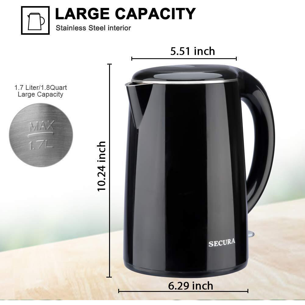 Secura Swk-1701Db The Original Stainless Steel Double Wall Electric Water Kettle 1.8 Quart, Black Onyx