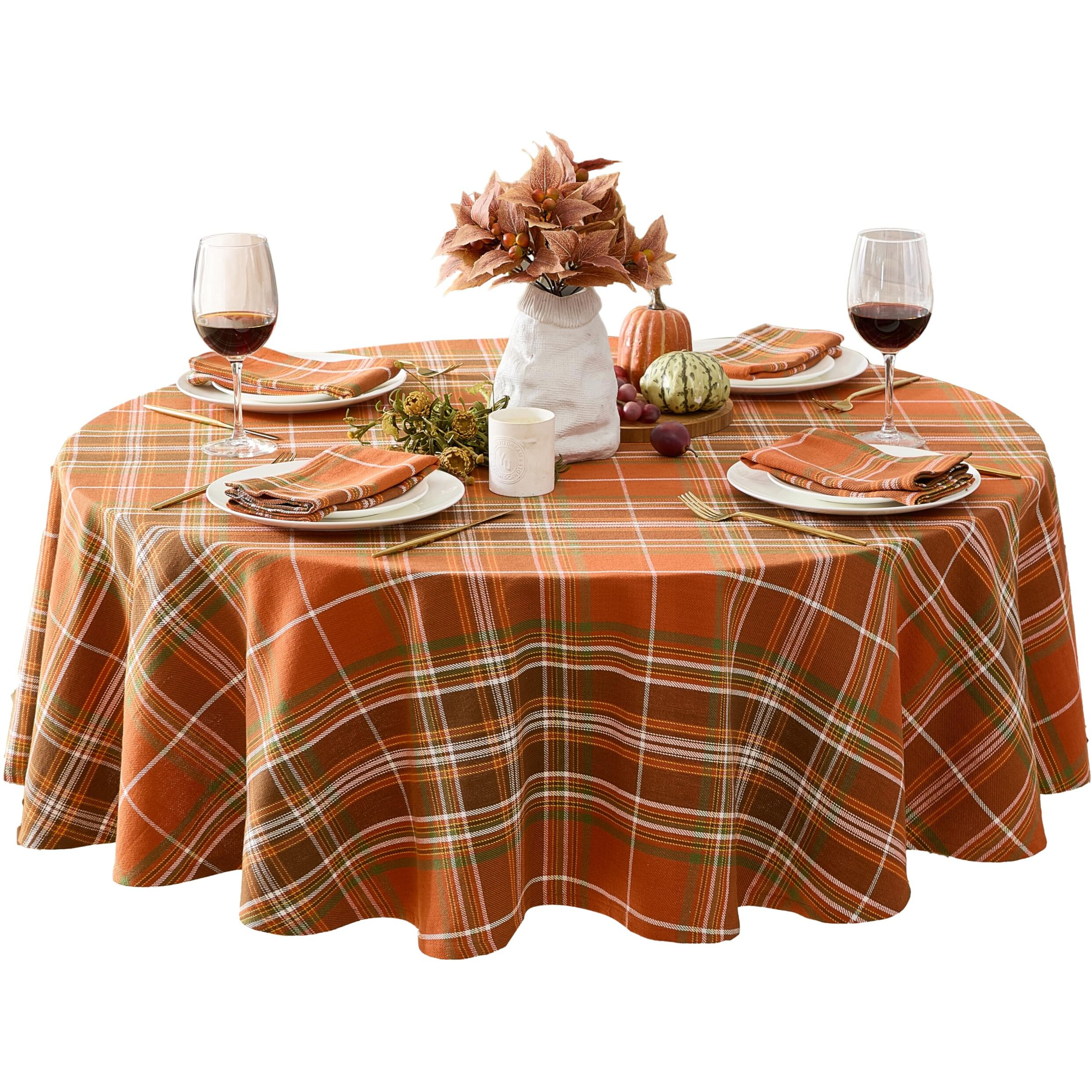Newbridge Culloden Plaid Fabric Weave Tablecloth, Traditional Bold Rust And Green 100% Cotton Weave Plaid Tablecloth, 70 Inch Round