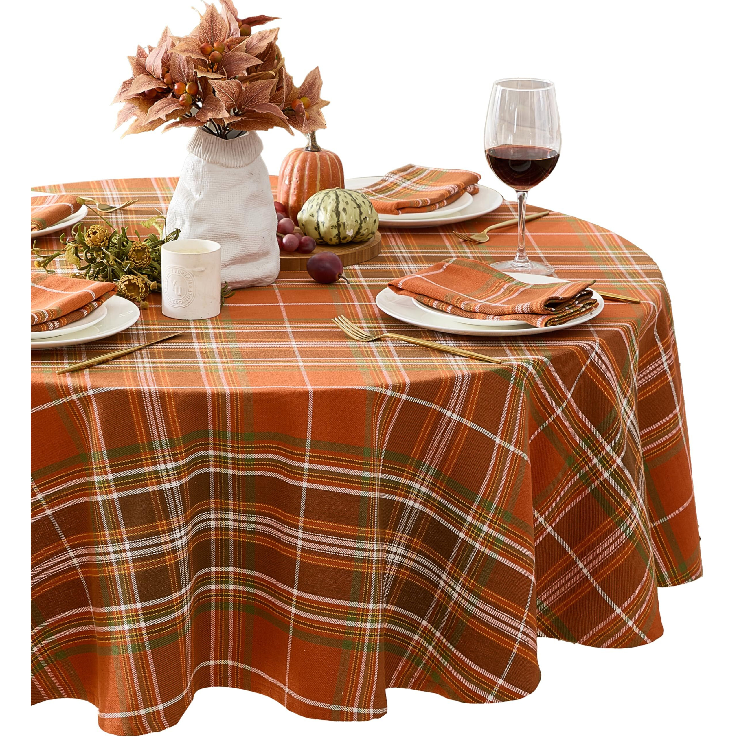 Newbridge Culloden Plaid Fabric Weave Tablecloth, Traditional Bold Rust And Green 100% Cotton Weave Plaid Tablecloth, 70 Inch Round