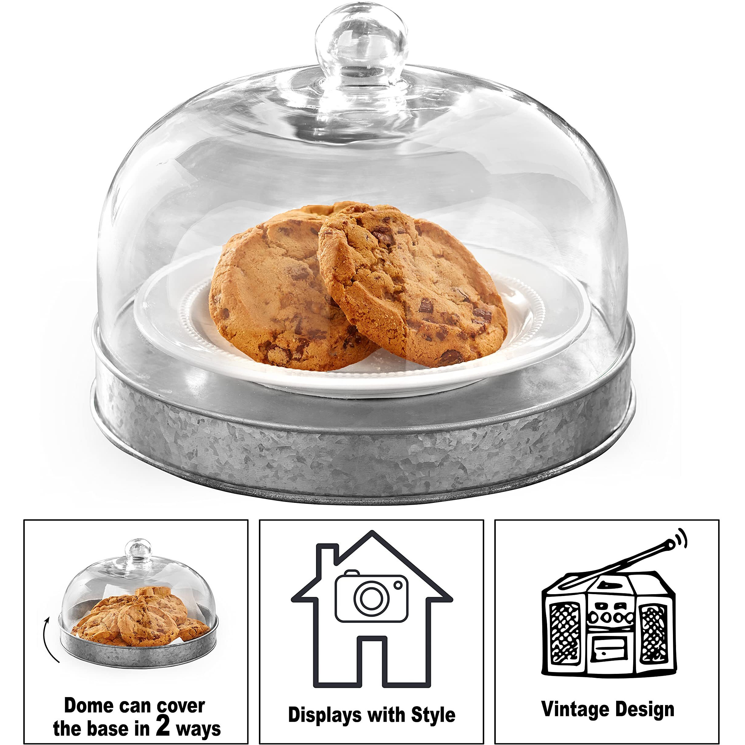 The Lakeside Collection Glass Domed Serving Plate For Confectionery And Baked Goods - Galvanized