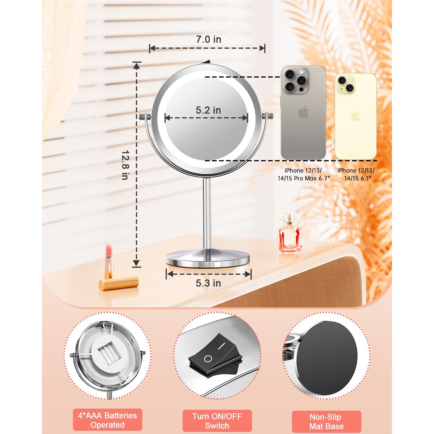 Benbilry Lighted Makeup Mirror With Magnification, 1X/10X Magnifying Makeup Mirror, Led Vanity Mirror With Lights, Battery Operated, 7 Inch Swivel Portable Cordless Desk Mirror