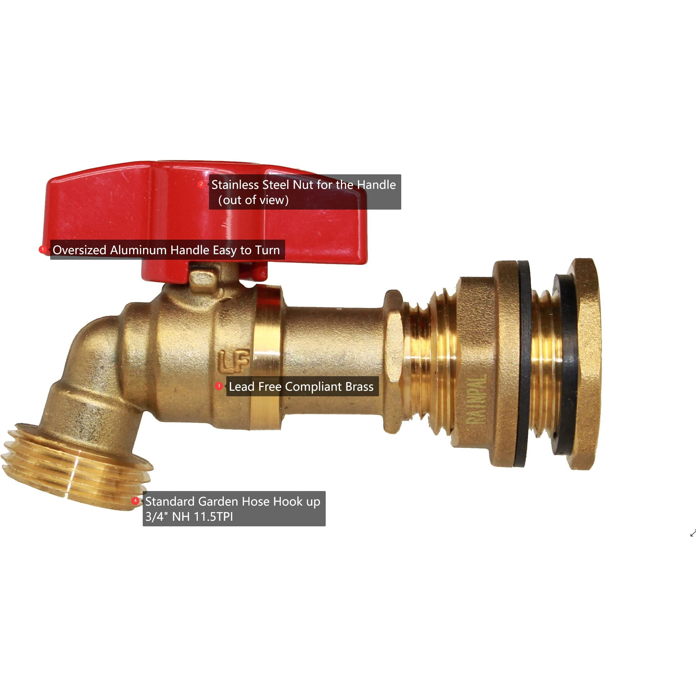 Rainpal Rbs012 Brass Rain Barrel Spigot (1/2"" Ball Valve With Bulkhead Fitting And Thread Tape, Lf Compliant)