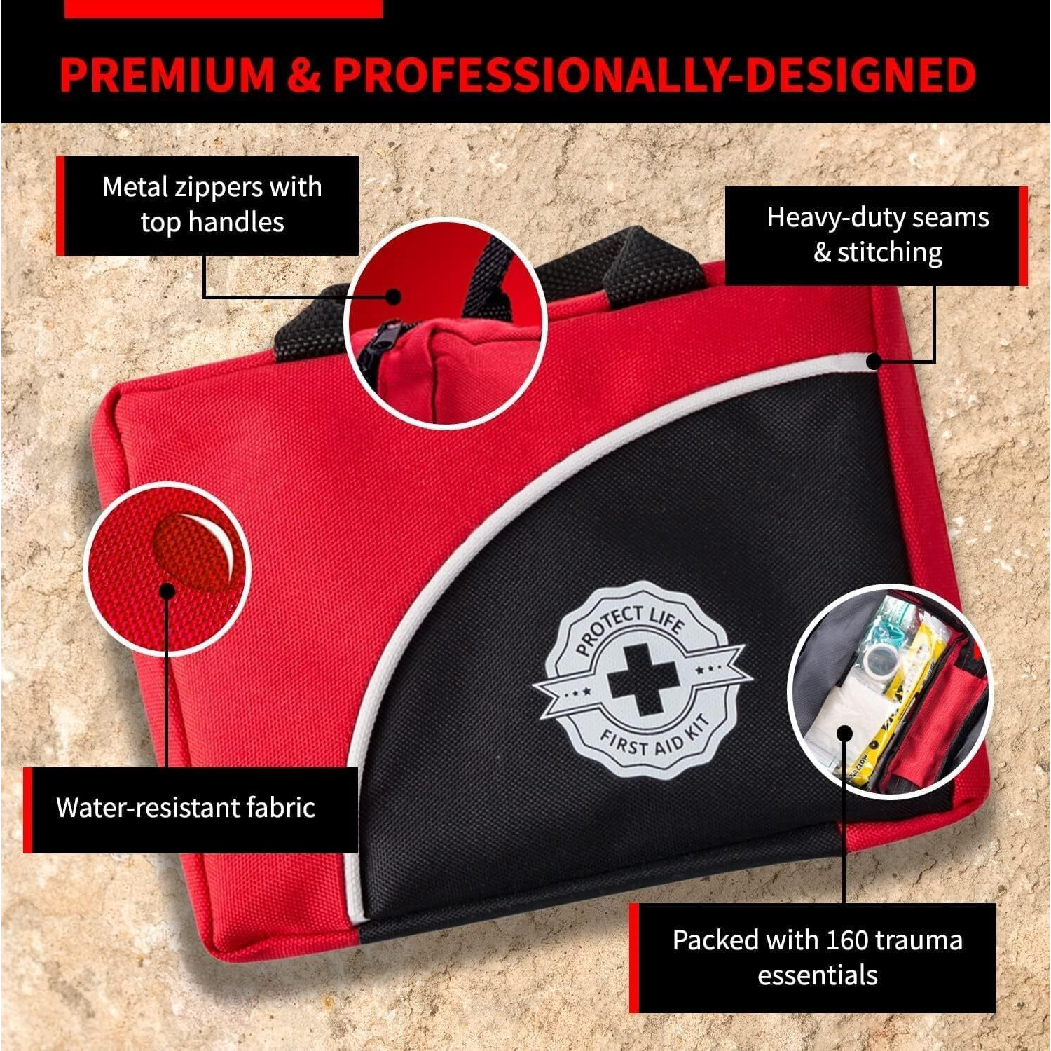 Protect Life First Aid Kit For Home/Business, Hsa/Fsa Eligible Emergency Kit Travel First Aid Kit Mini | Camping First Aid Kit Hiking | Small First Aid Kit For Car | Survival Medical Kit - 160Pcs