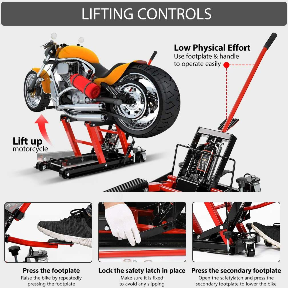 Vivohome Hydraulic Motorcycle Lift Jack 1500 Lbs Capacity Steel Atv Lifts Stand Hoist With Wheels And Handle For Motorcycles, Atvs, Dirt Bikes Red