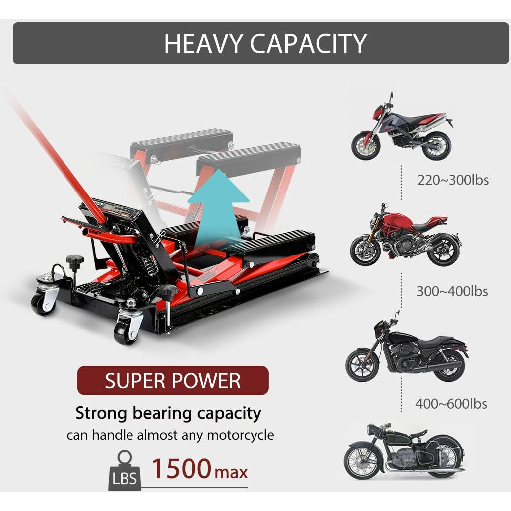 Vivohome Hydraulic Motorcycle Lift Jack 1500 Lbs Capacity Steel Atv Lifts Stand Hoist With Wheels And Handle For Motorcycles, Atvs, Dirt Bikes Red