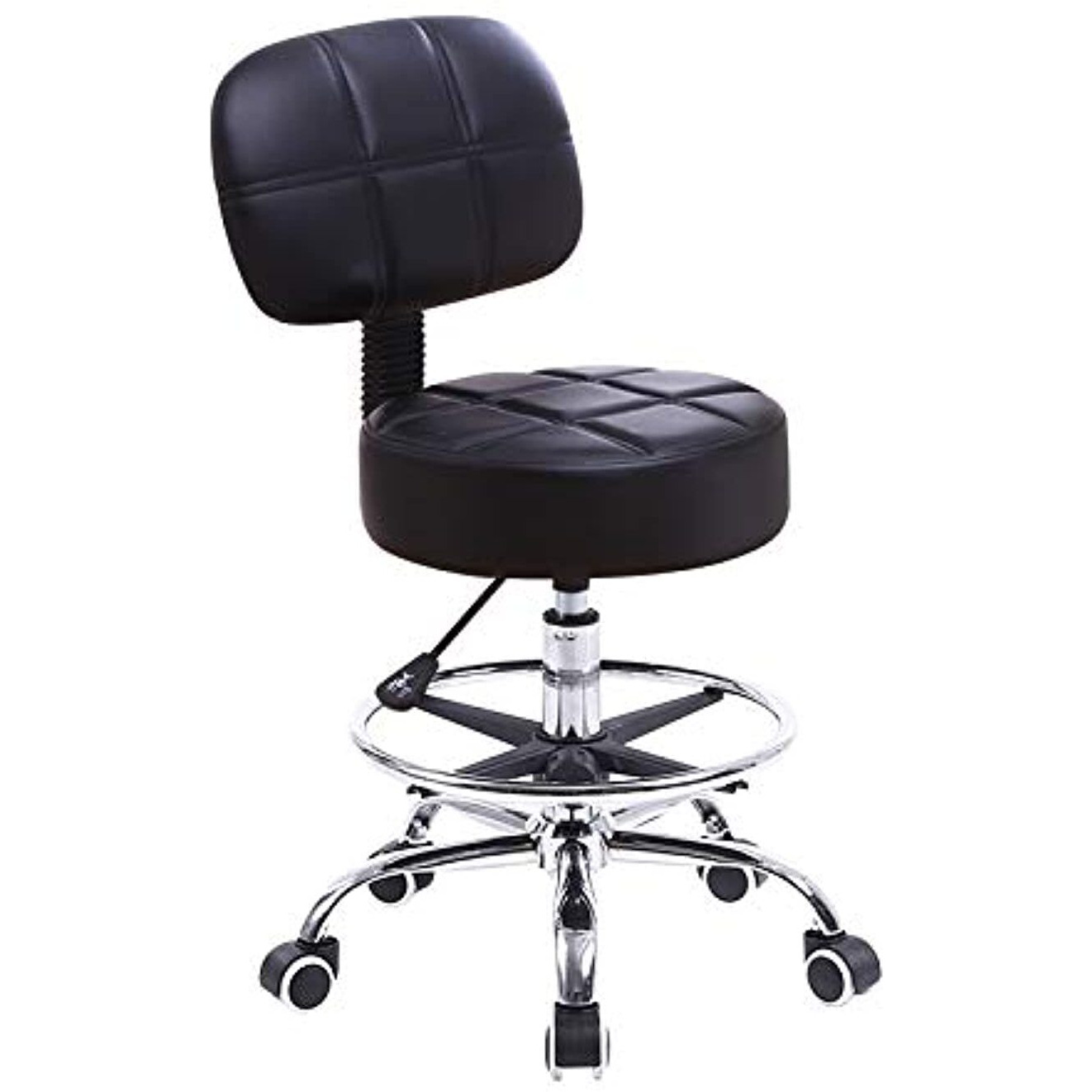 Kktoner Swivel Round Rolling Stool Pu Leather With Adjustable Foot Rest Height Adjustable Task Work Drafting Chair With Back (Black)