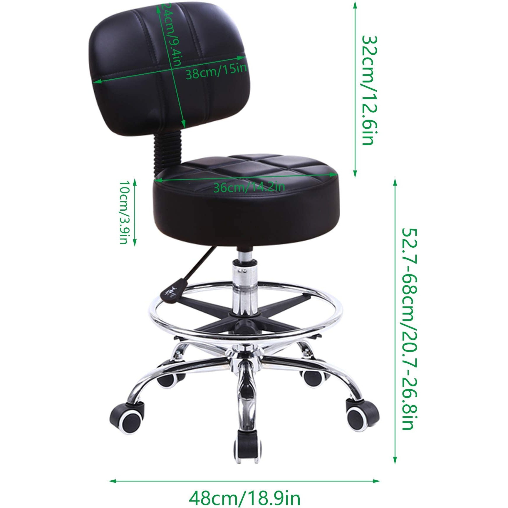 Kktoner Swivel Round Rolling Stool Pu Leather With Adjustable Foot Rest Height Adjustable Task Work Drafting Chair With Back (Black)